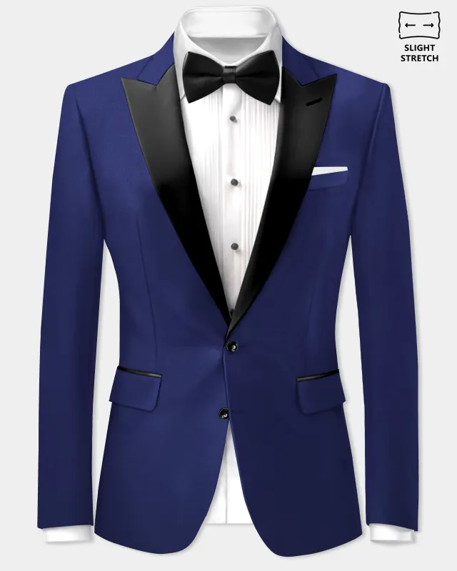 Celestia- Blue Solid Wool Rich Peak Lapel Tuxedo Slight Stretch Blazer made by French Crown