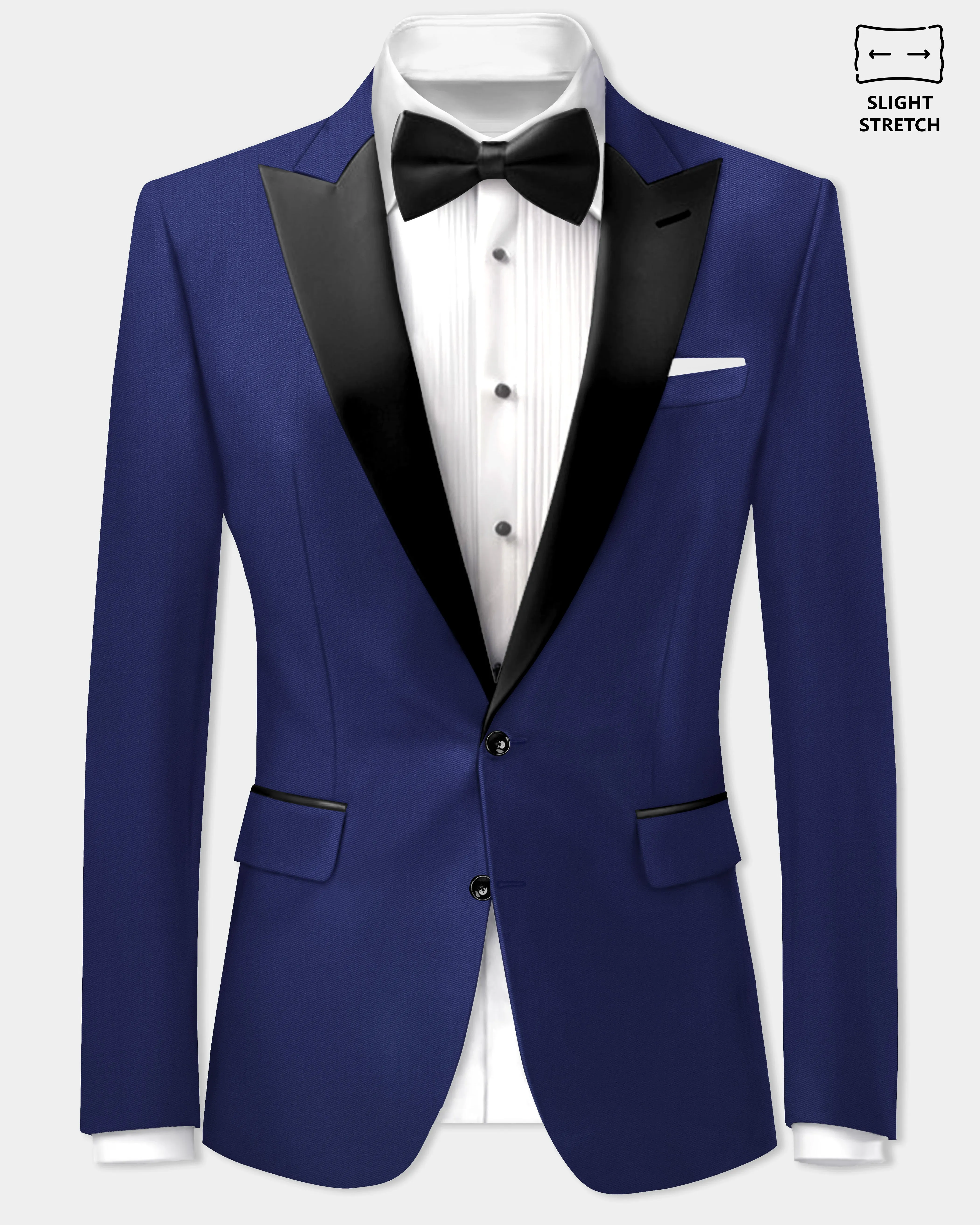 Celestia- Blue Solid Wool Rich Peak Lapel Tuxedo Slight Stretch Blazer sold by French Crown