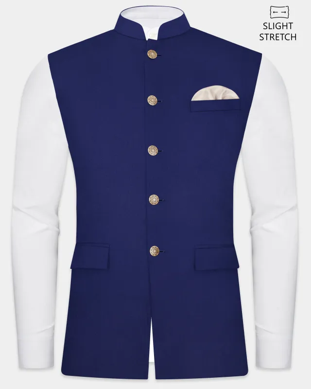 Celestia- Blue Solid Wool Rich Slight Stretch Nehru Jacket sold by French Crown