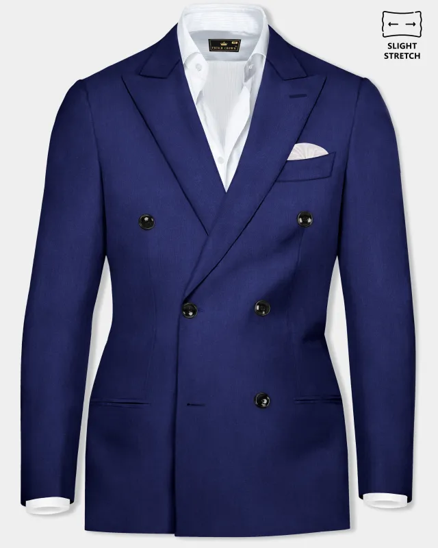 Celestia- Blue Solid Wool Rich Double Breasted Slight Stretch Blazer sold by French Crown
