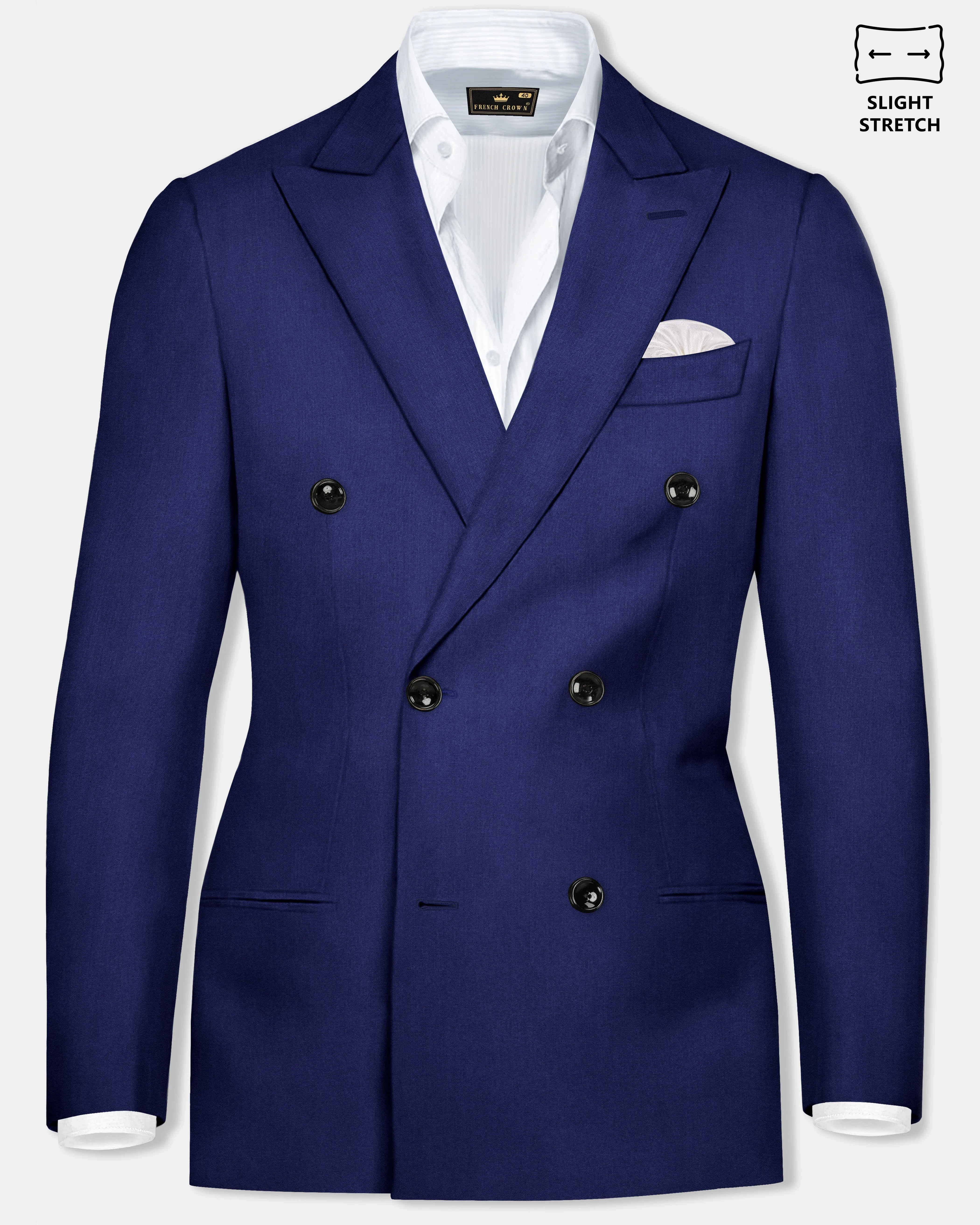 Celestia- Blue Solid Wool Rich Double Breasted Slight Stretch Blazer sold by French Crown