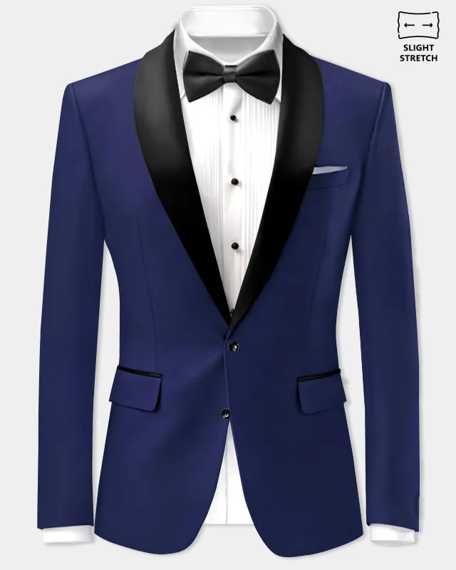 Celestia- Blue Solid Wool Rich Tuxedo Slight Stretch Blazer sold by French Crown