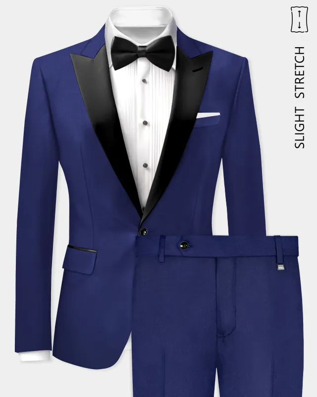 Celestia- Blue Solid Wool Rich Peak Lapel Tuxedo Slight Stretch Suit made by French Crown