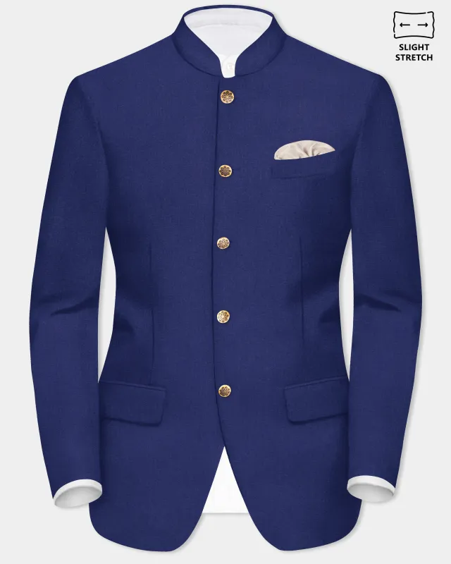 Celestia- Blue Solid Wool Rich Bandhgala Slight Stretch Blazer sold by French Crown