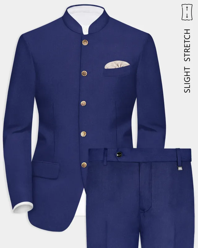 Celestia- Blue Solid Wool Rich Bandhgala Slight Stretch Suit sold by French Crown