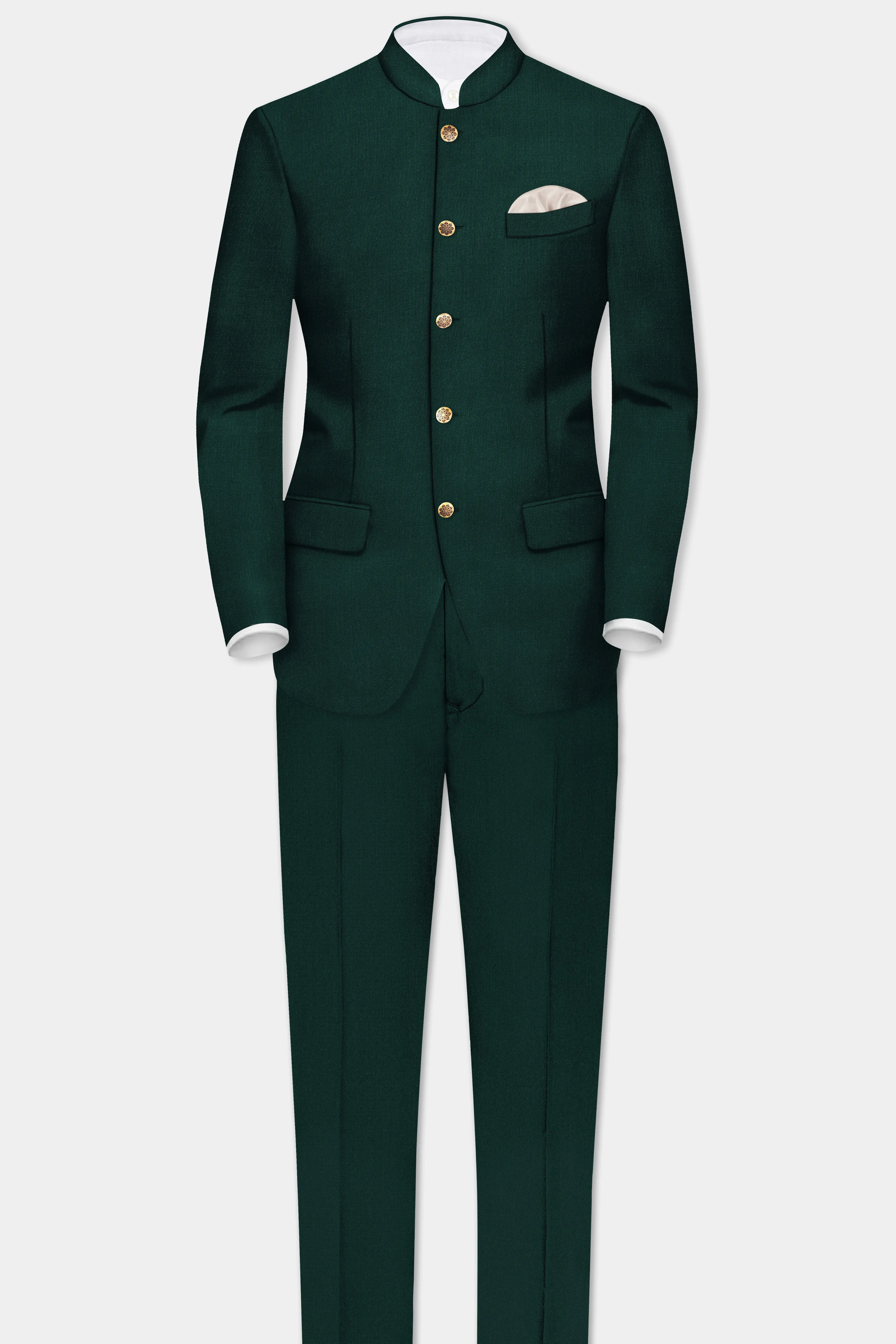 Emerald-Zucchini Green Solid Wool Rich Bandhgala Slight Stretch Suit sold by French Crown product image thumbnail 4