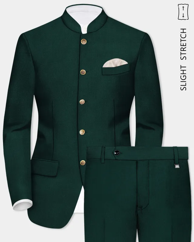 Emerald-Zucchini Green Solid Wool Rich Bandhgala Slight Stretch Suit sold by French Crown