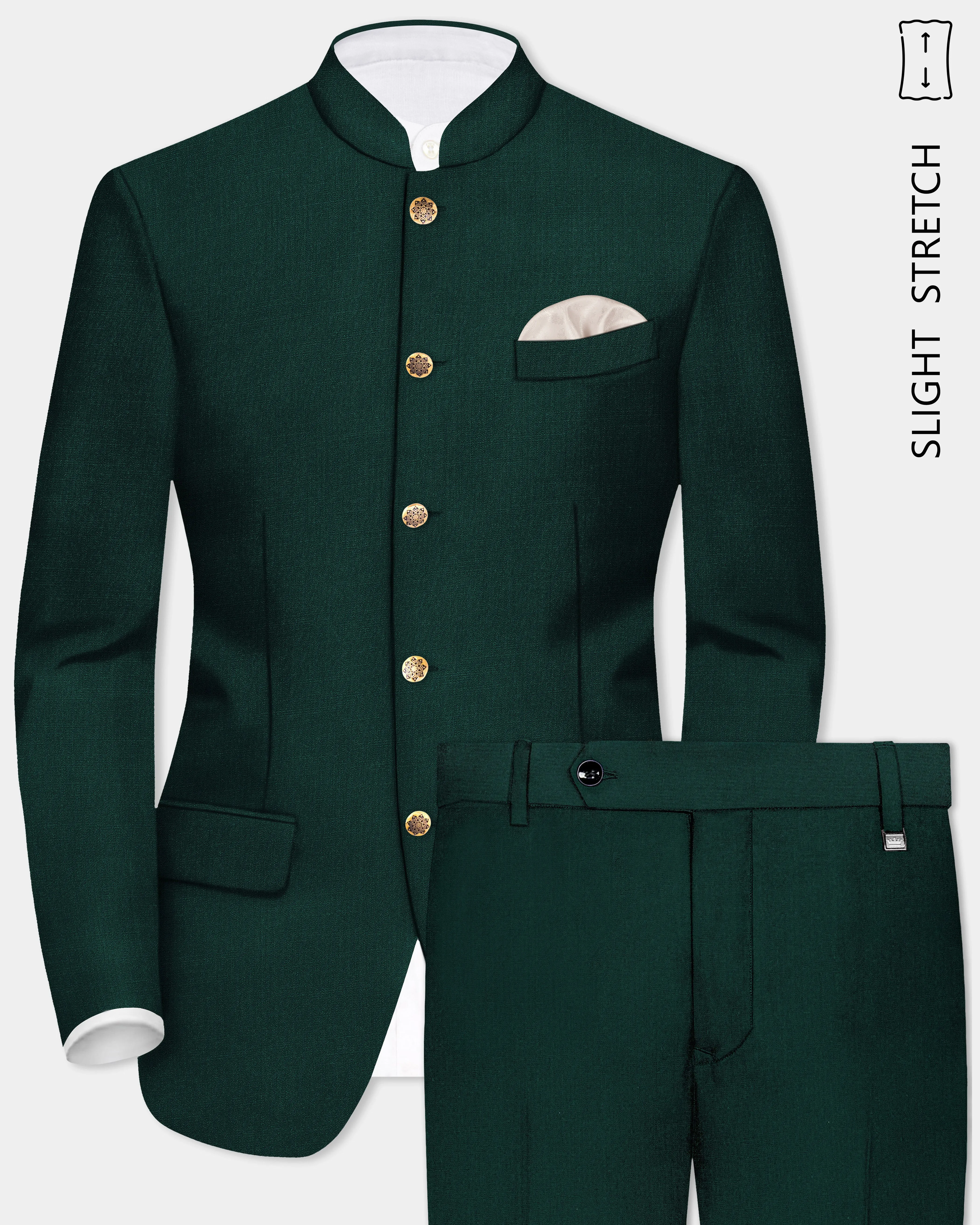 Emerald-Zucchini Green Solid Wool Rich Bandhgala Slight Stretch Suit sold by French Crown