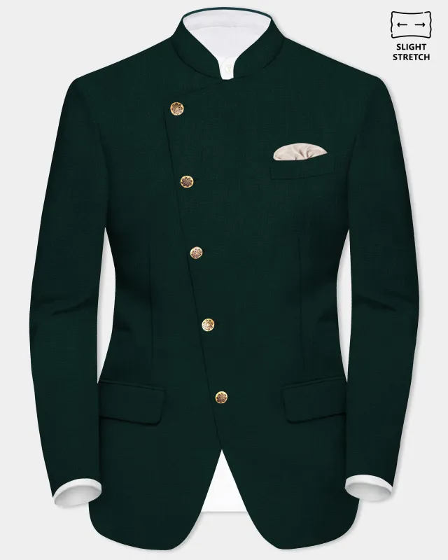 Emerald-Zucchini Green Solid Wool Rich Cross Placket Bandhgala Slight Stretch Blazer sold by French Crown