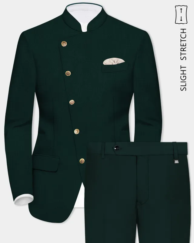 Emerald-Zucchini Green Solid Wool Rich Cross Placket Bandhgala Slight Stretch Suit sold by French Crown