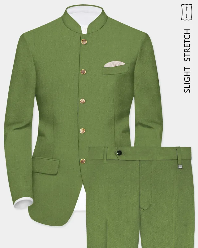 Sage Regal-Dingley Green Solid Wool Rich Bandhgala Slight Stretch Suit sold by French Crown