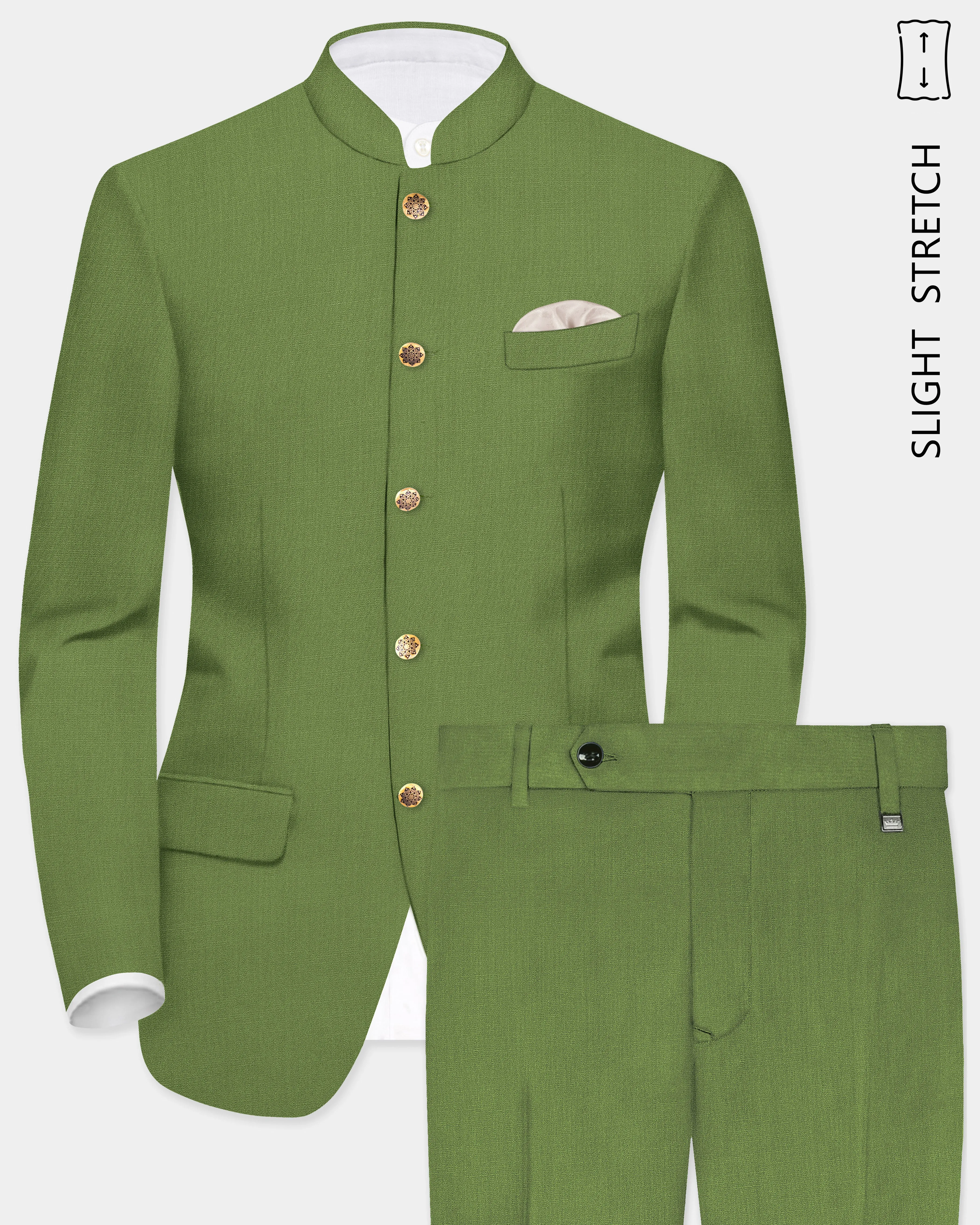 Sage Regal-Dingley Green Solid Wool Rich Bandhgala Slight Stretch Suit sold by French Crown