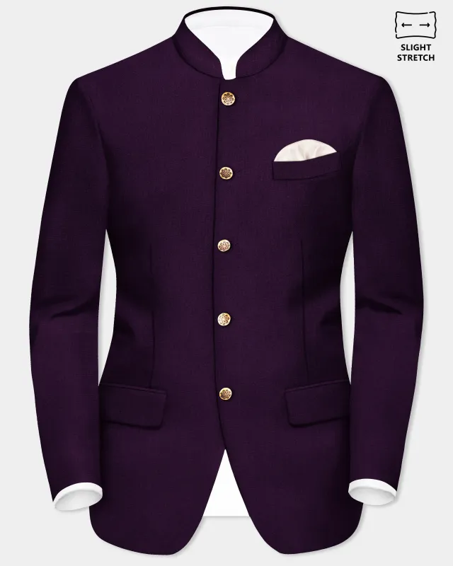 Regal Plum-Eggplant Purple Solid Wool Rich Bandhgala Slight Stretch Blazer sold by French Crown