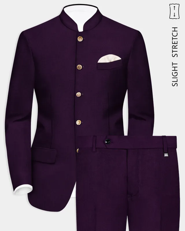 Regal Plum-Eggplant Purple Solid Wool Rich Bandhgala Slight Stretch Suit sold by French Crown
