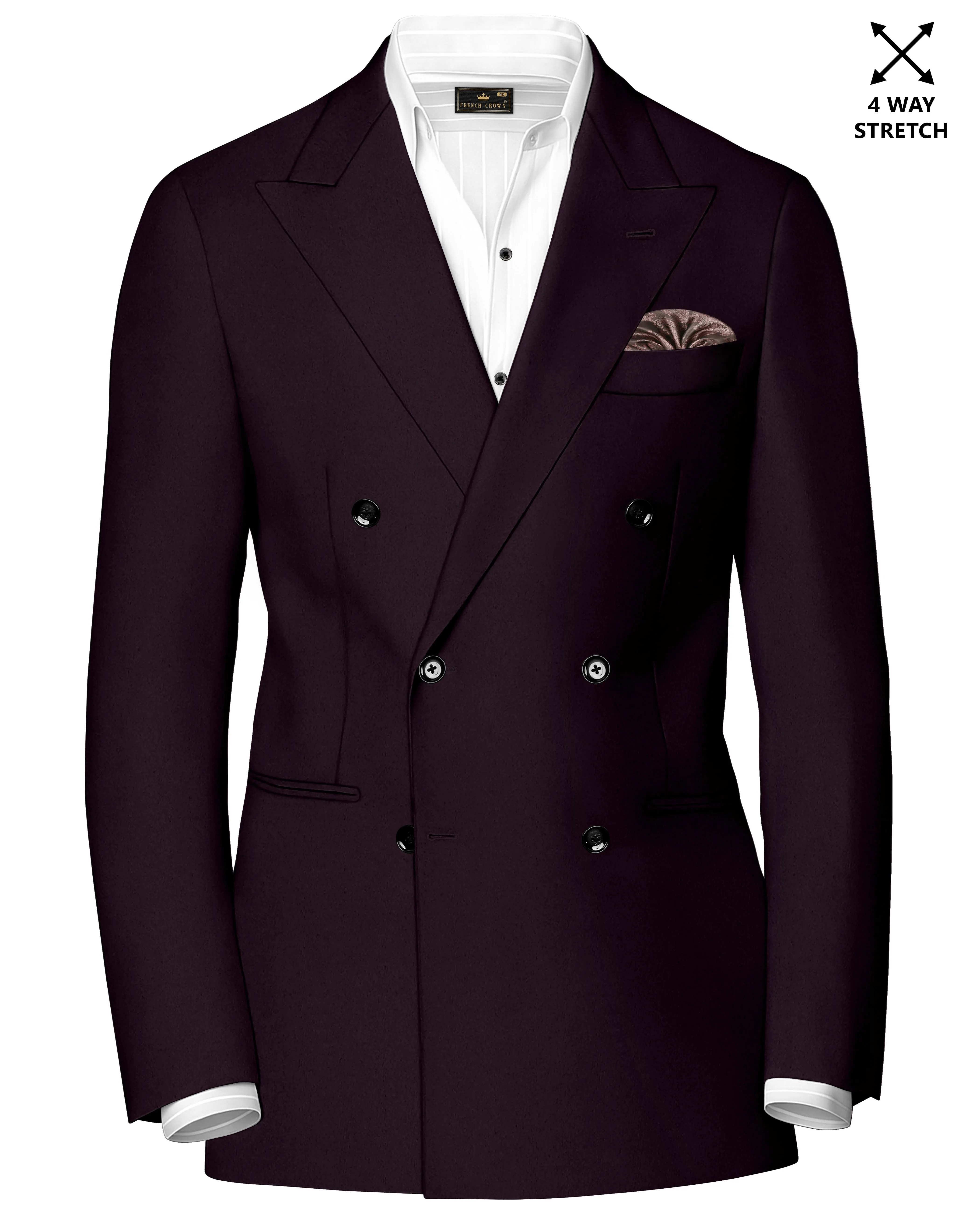 Marenzo-Korean Seal Maroon 4-Way Stretch Wrinkle-Free Wool Rich Double Breasted Blazer sold by French Crown