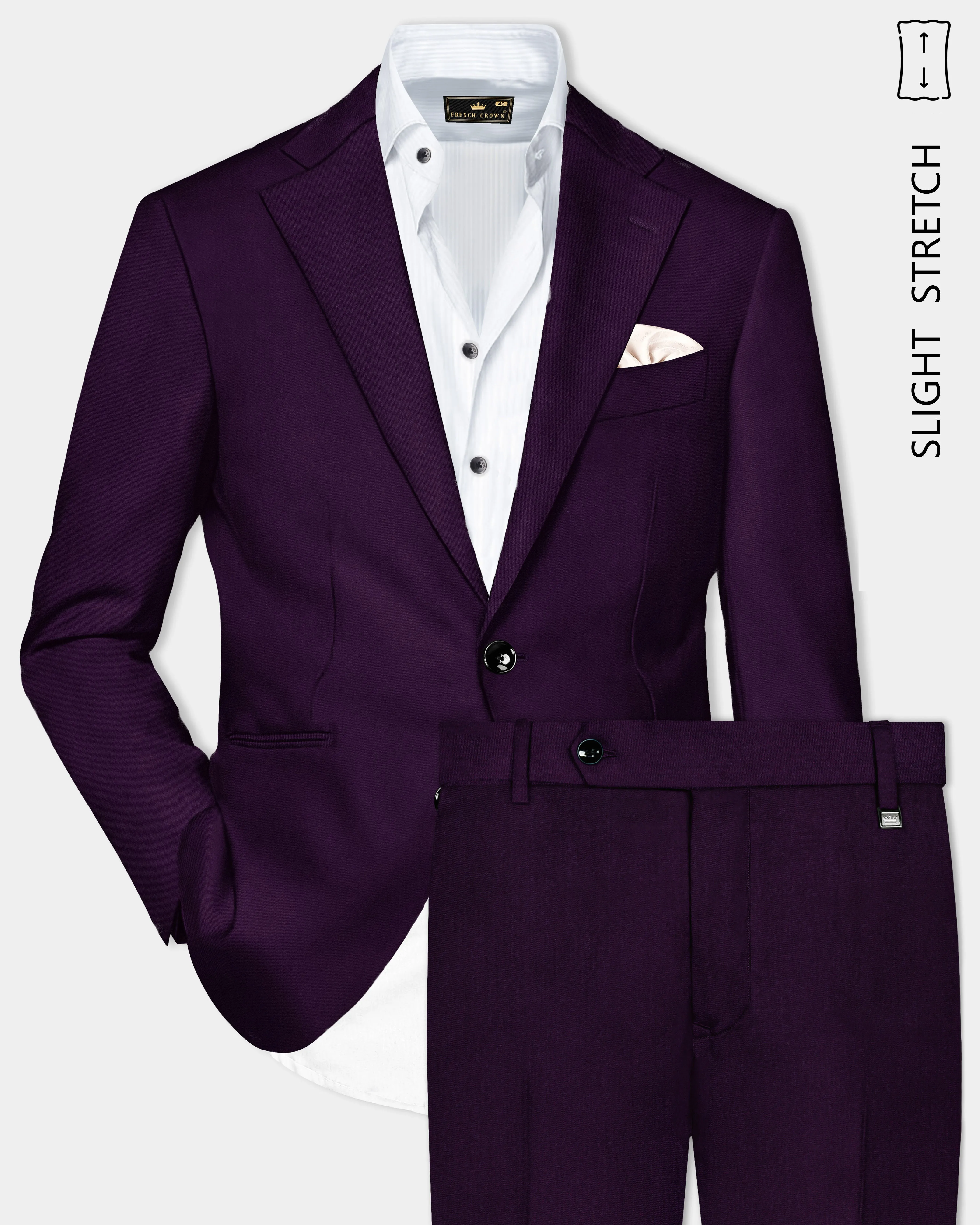 Regal Plum-Eggplant Purple Solid Wool Rich Single Breasted Slight Stretch Suit sold by French Crown