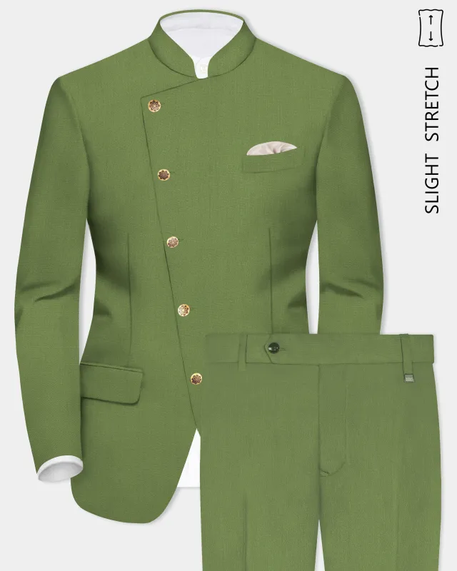 Sage Regal-Dingley Green Solid Wool Rich Cross Placket Bandhgala Slight Stretch Suit sold by French Crown