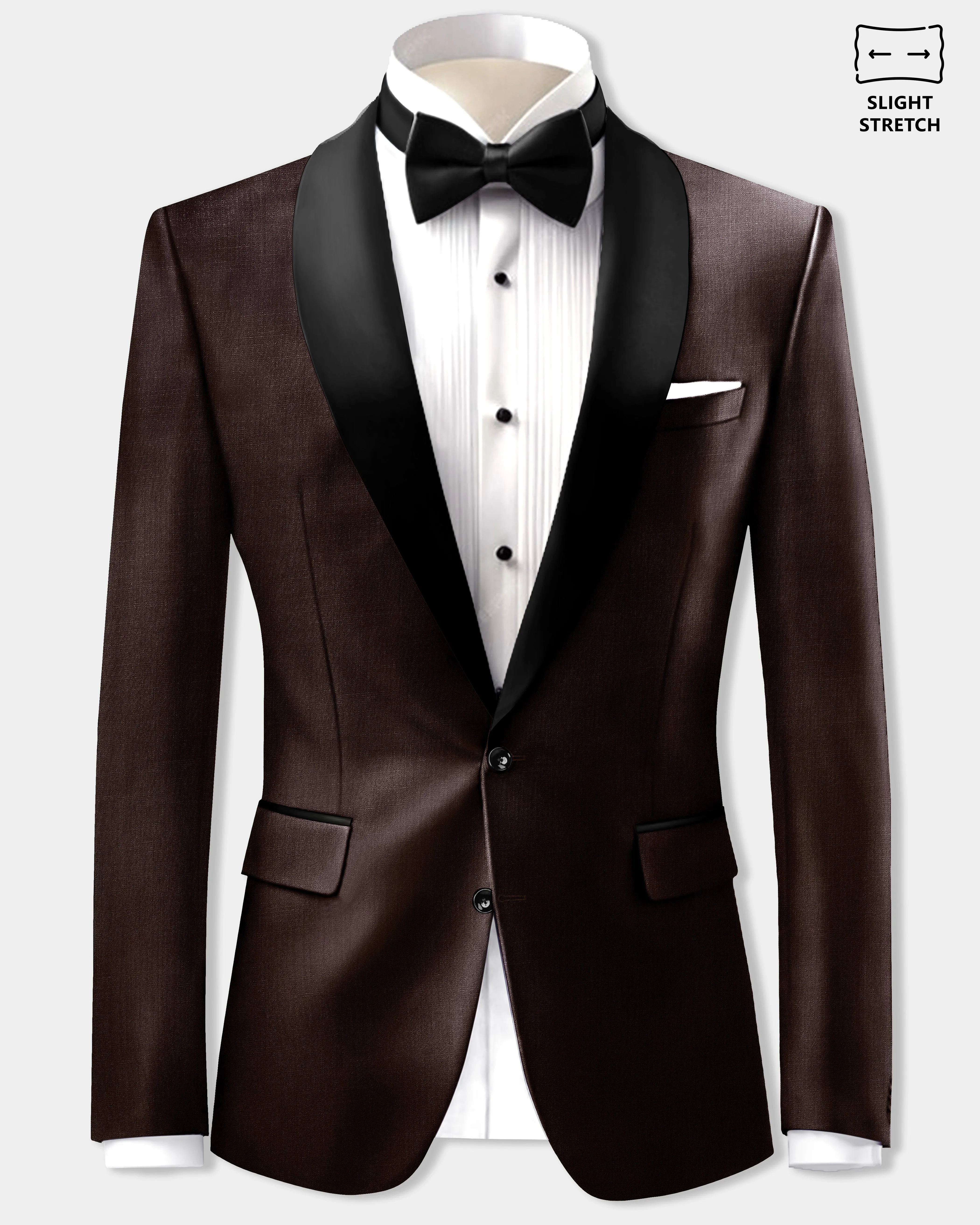 Espresso-Hickory Brown Solid Wool Rich Slight Stretch Tuxedo Blazer sold by French Crown