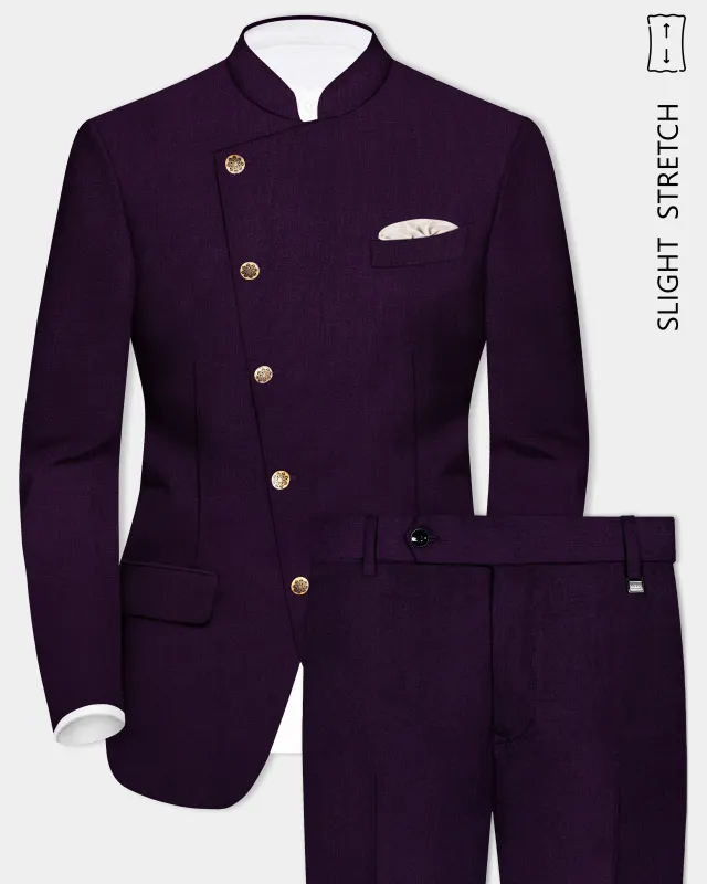 Regal Plum-Eggplant Purple Solid Wool Rich Cross Placket Bandhgala Slight Stretch Suit made by French Crown