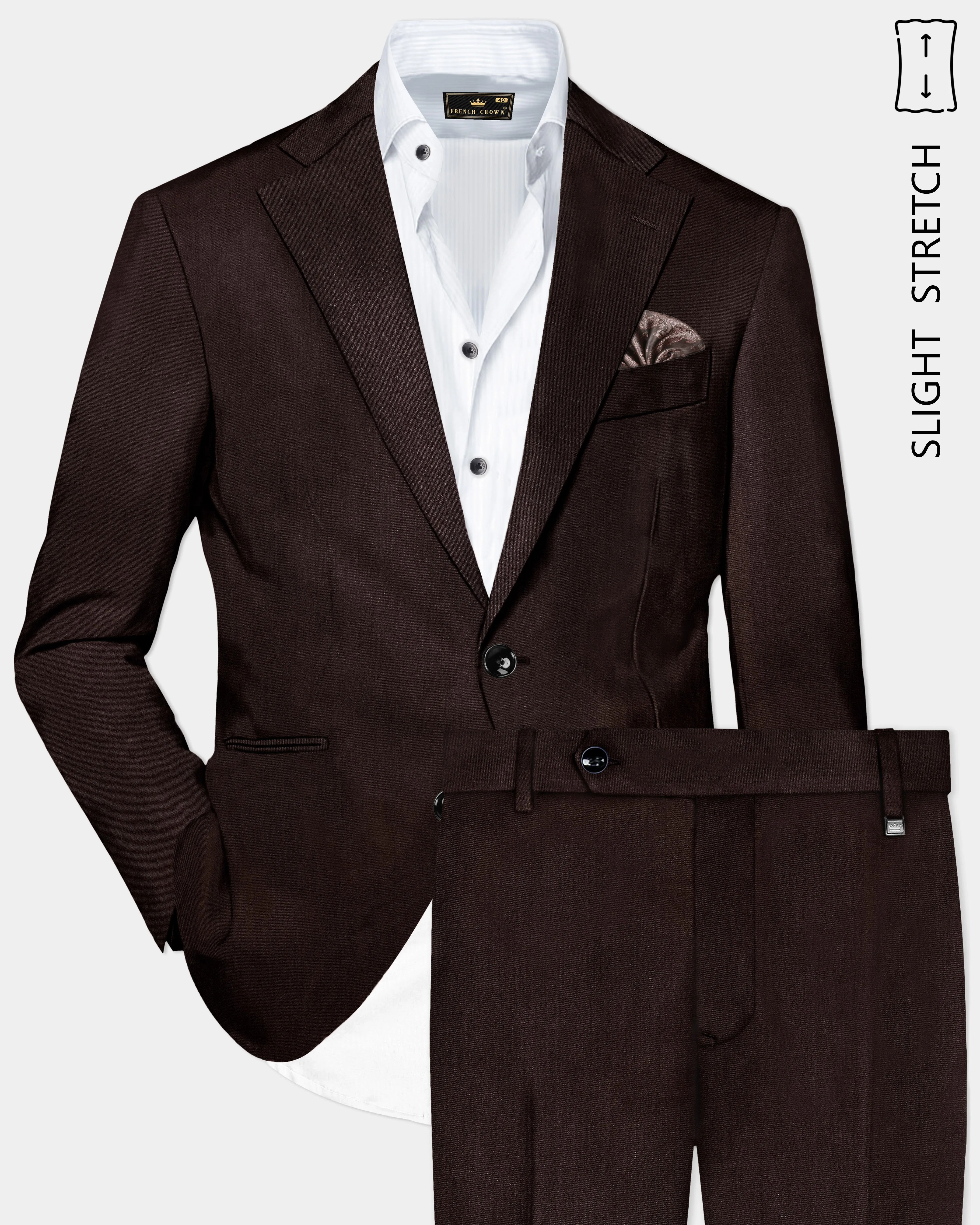 Espresso-Hickory Brown Solid Wool Rich Single Breasted Slight Stretch Suit sold by French Crown
