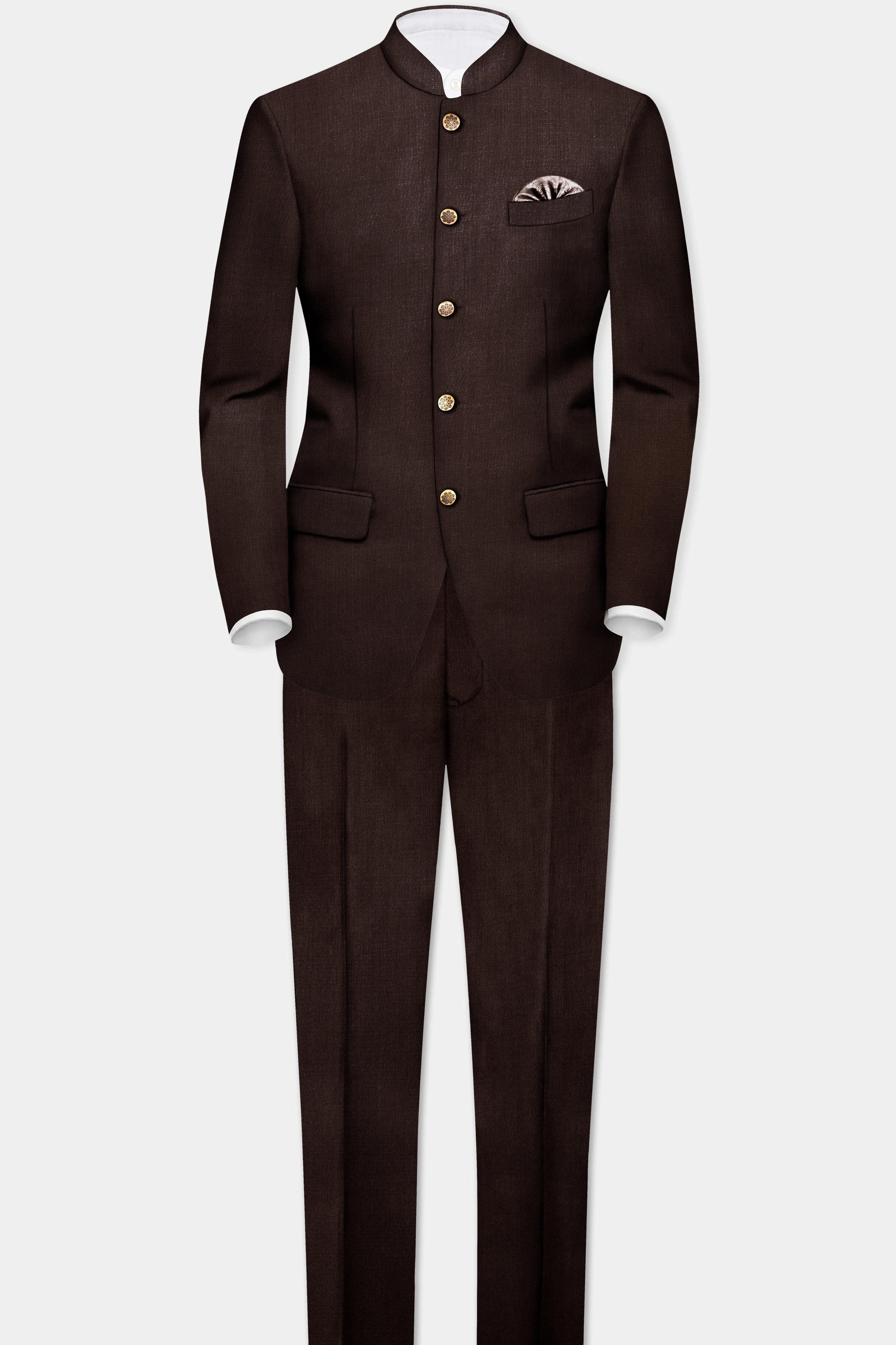 Espresso-Hickory Brown Solid Wool Rich Bandhgala Slight Stretch Suit sold by French Crown product image thumbnail 4