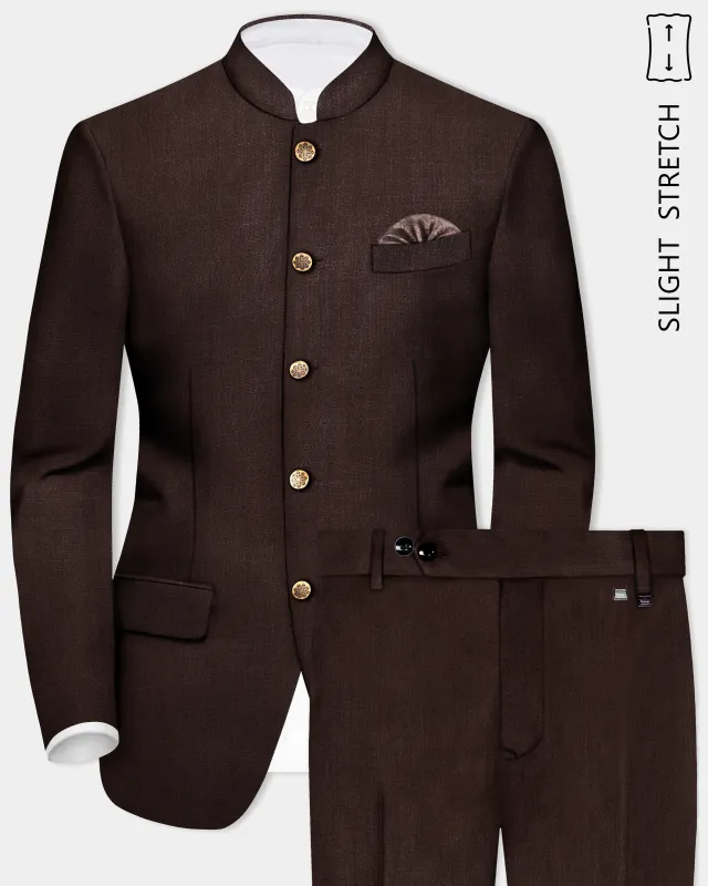 Espresso-Hickory Brown Solid Wool Rich Bandhgala Slight Stretch Suit sold by French Crown