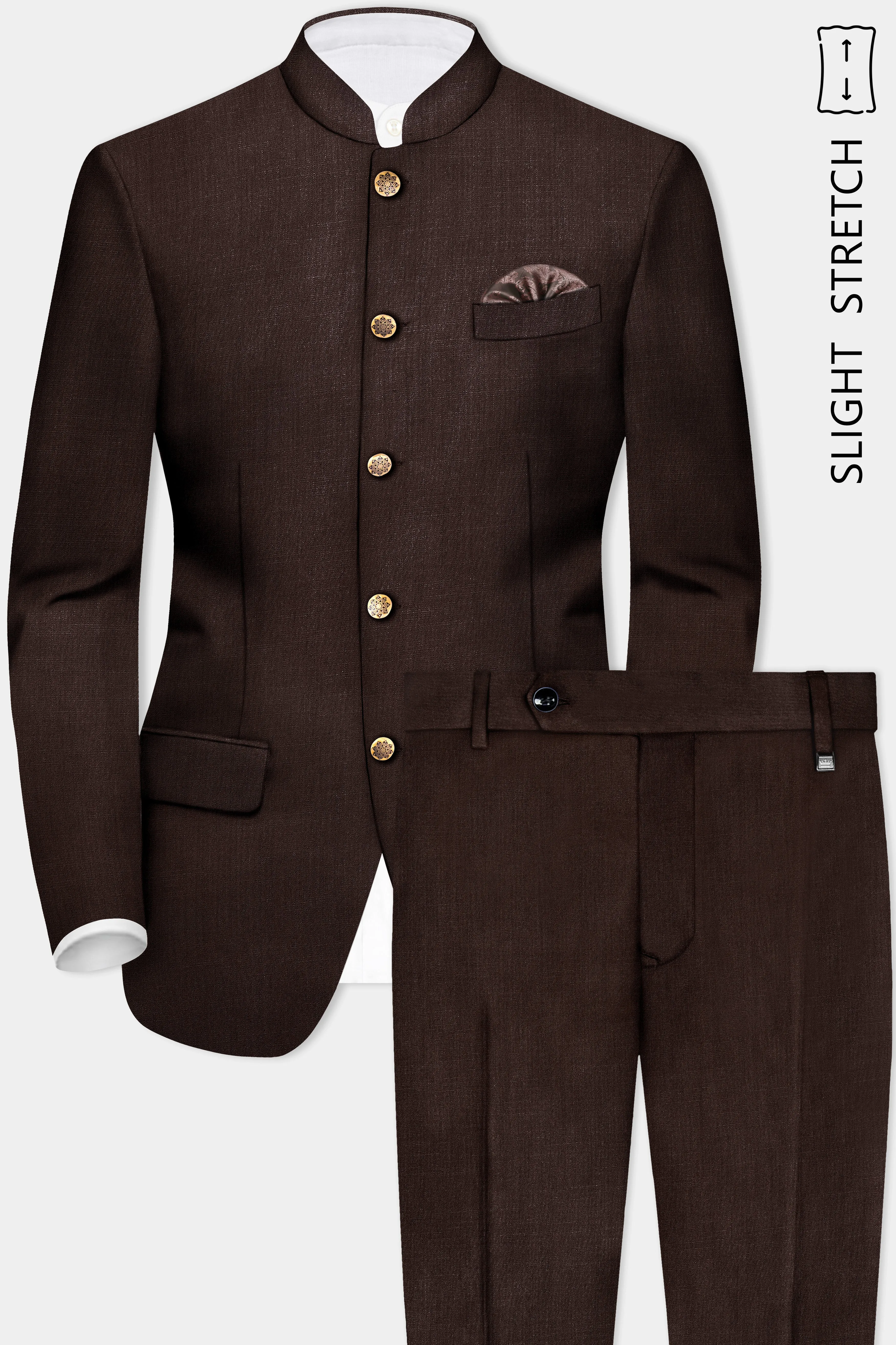 Espresso-Hickory Brown Solid Wool Rich Bandhgala Slight Stretch Suit sold by French Crown product image thumbnail 2