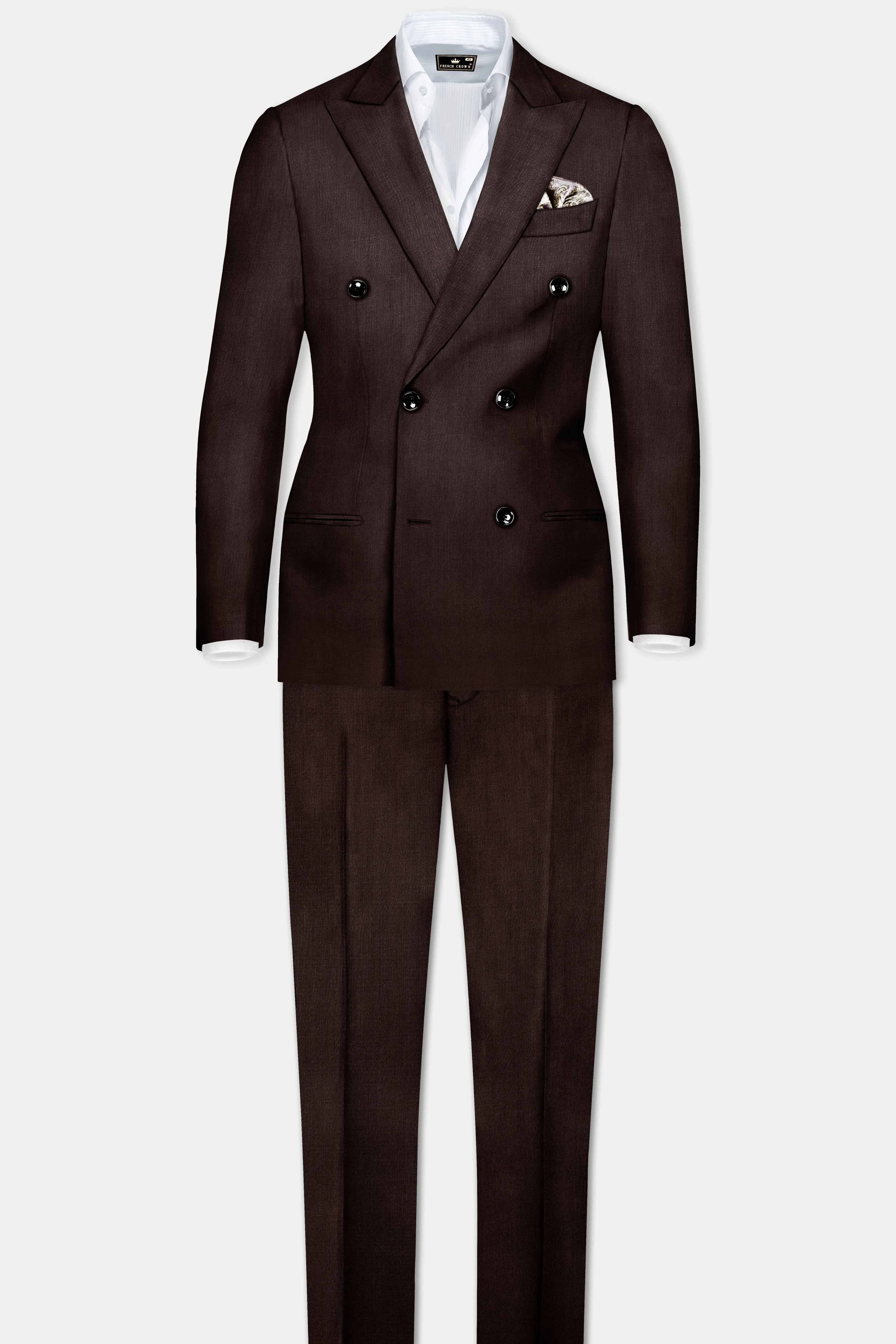 Espresso-Hickory Brown Solid Wool Rich Double Breasted Slight Stretch Suit sold by French Crown product image thumbnail 4