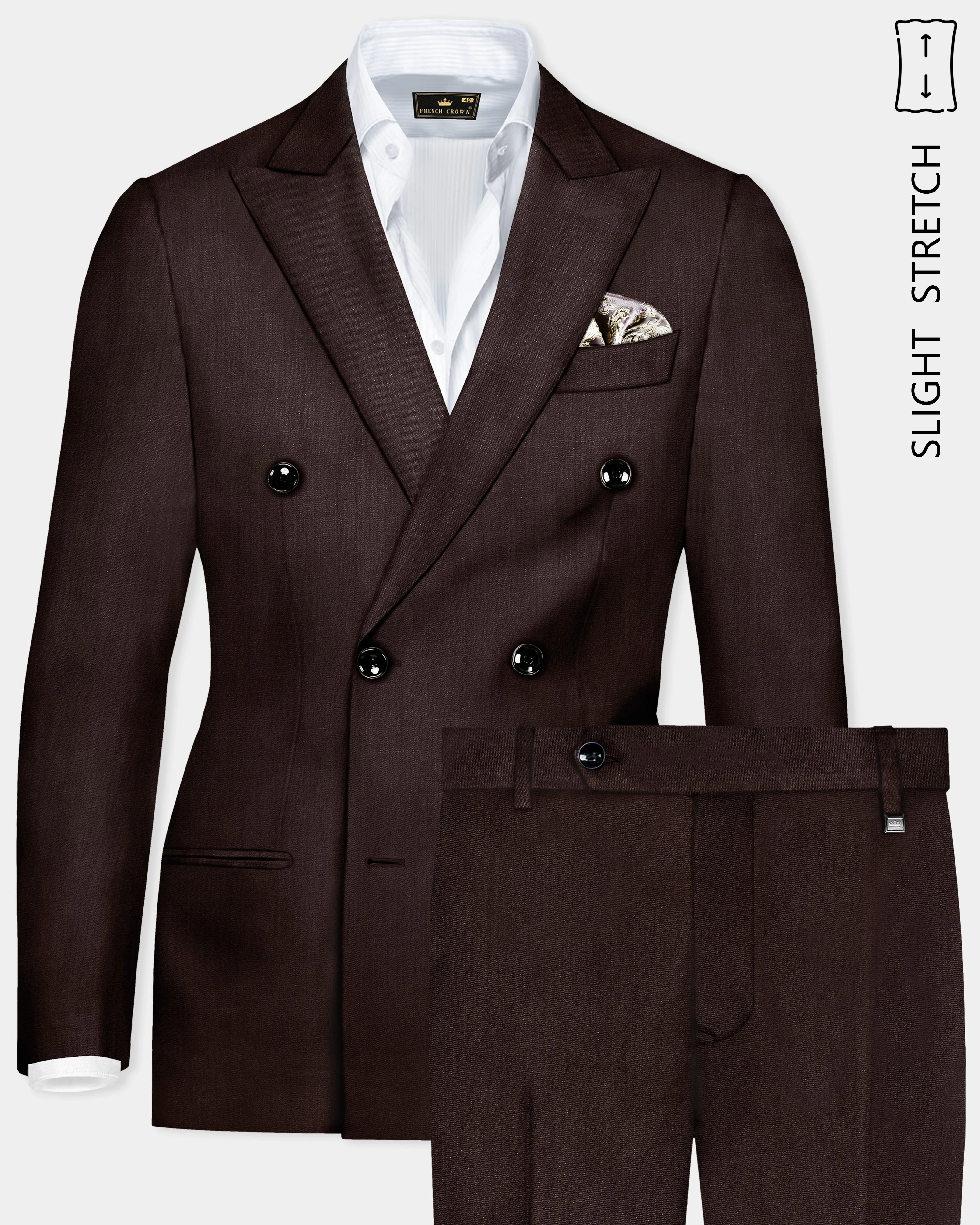 Espresso-Hickory Brown Solid Wool Rich Double Breasted Slight Stretch Suit sold by French Crown