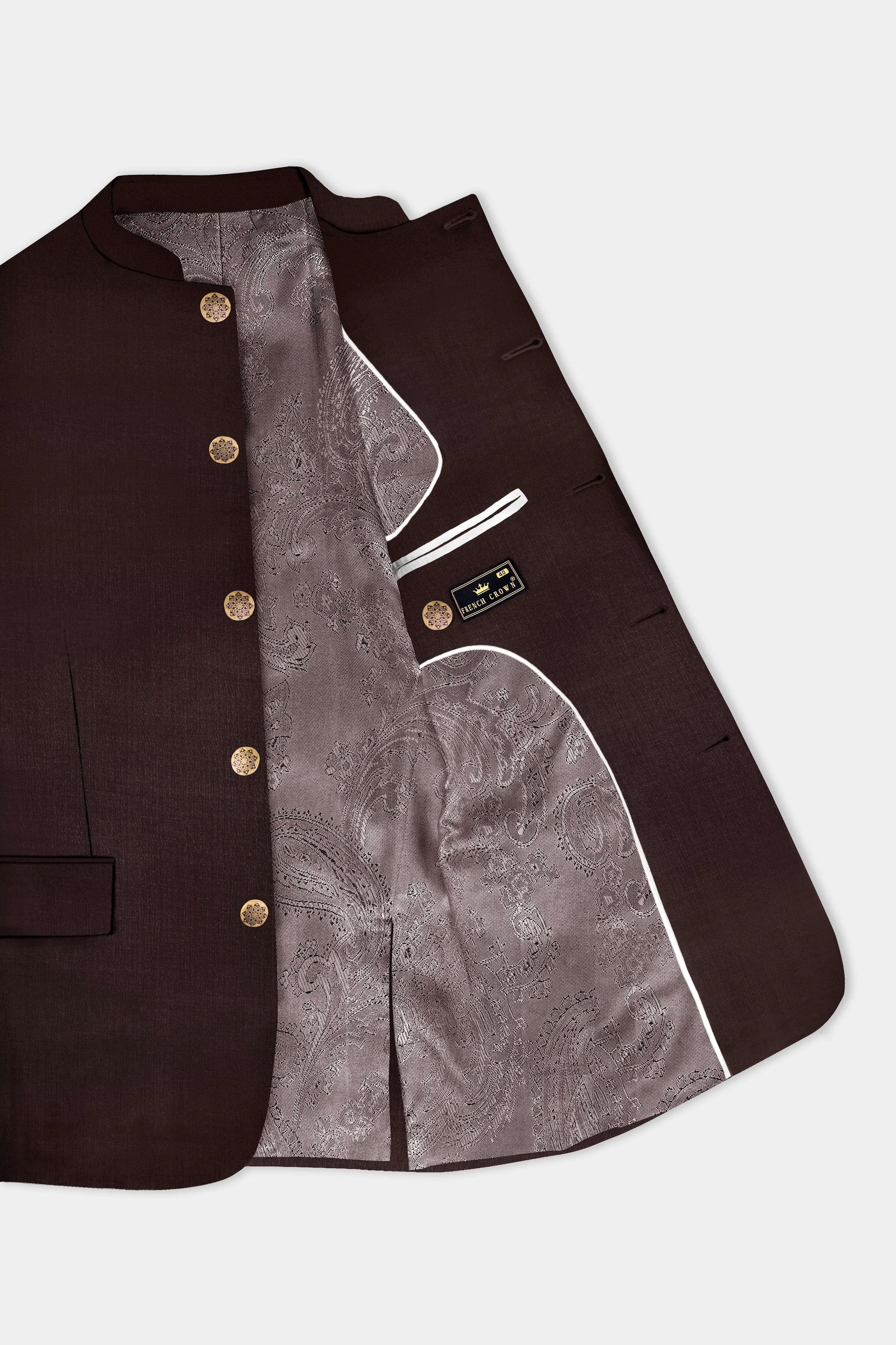 Espresso-Hickory Brown Solid Wool Rich Bandhgala Slight Stretch Blazer sold by French Crown product image thumbnail 4