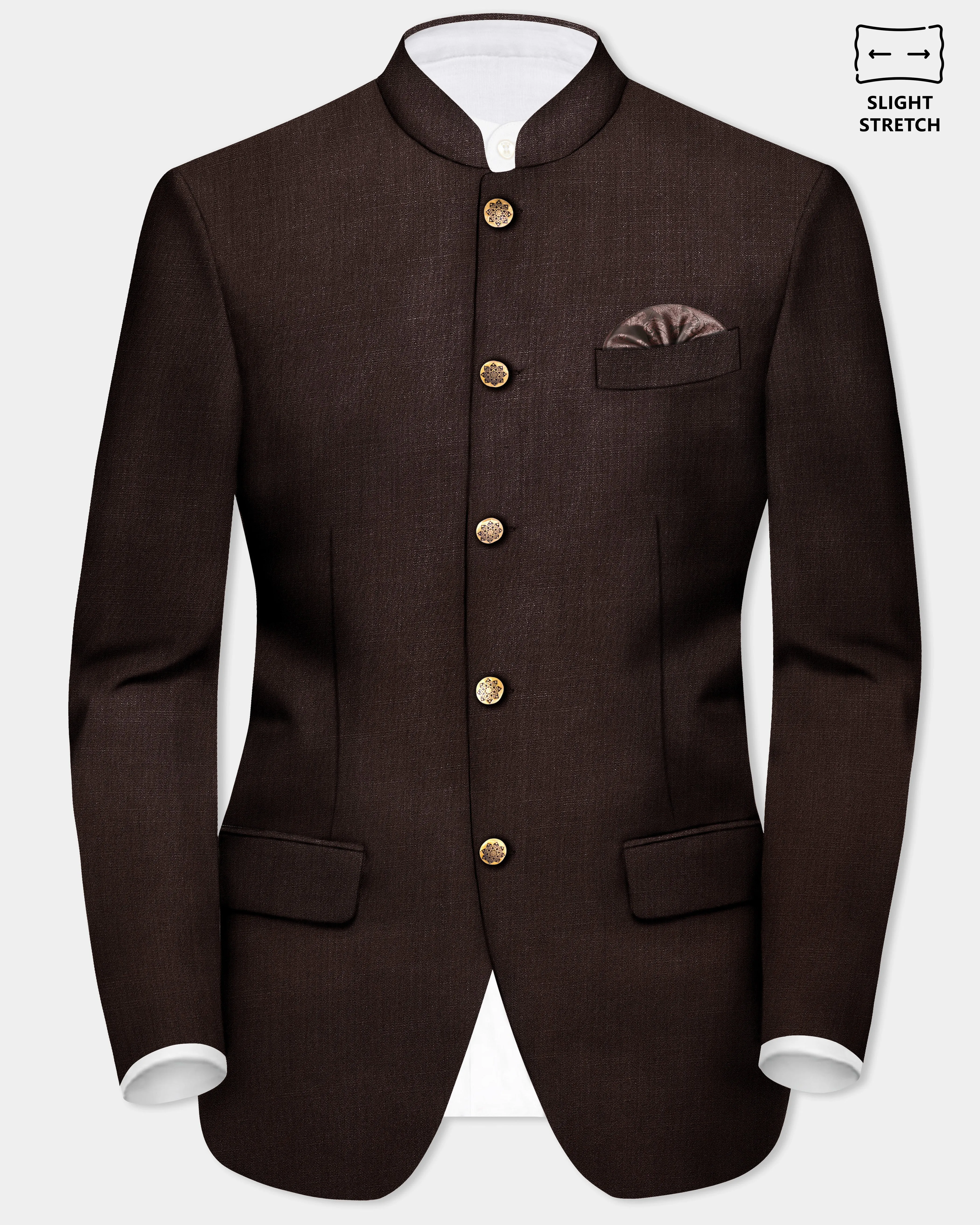Espresso-Hickory Brown Solid Wool Rich Bandhgala Slight Stretch Blazer sold by French Crown