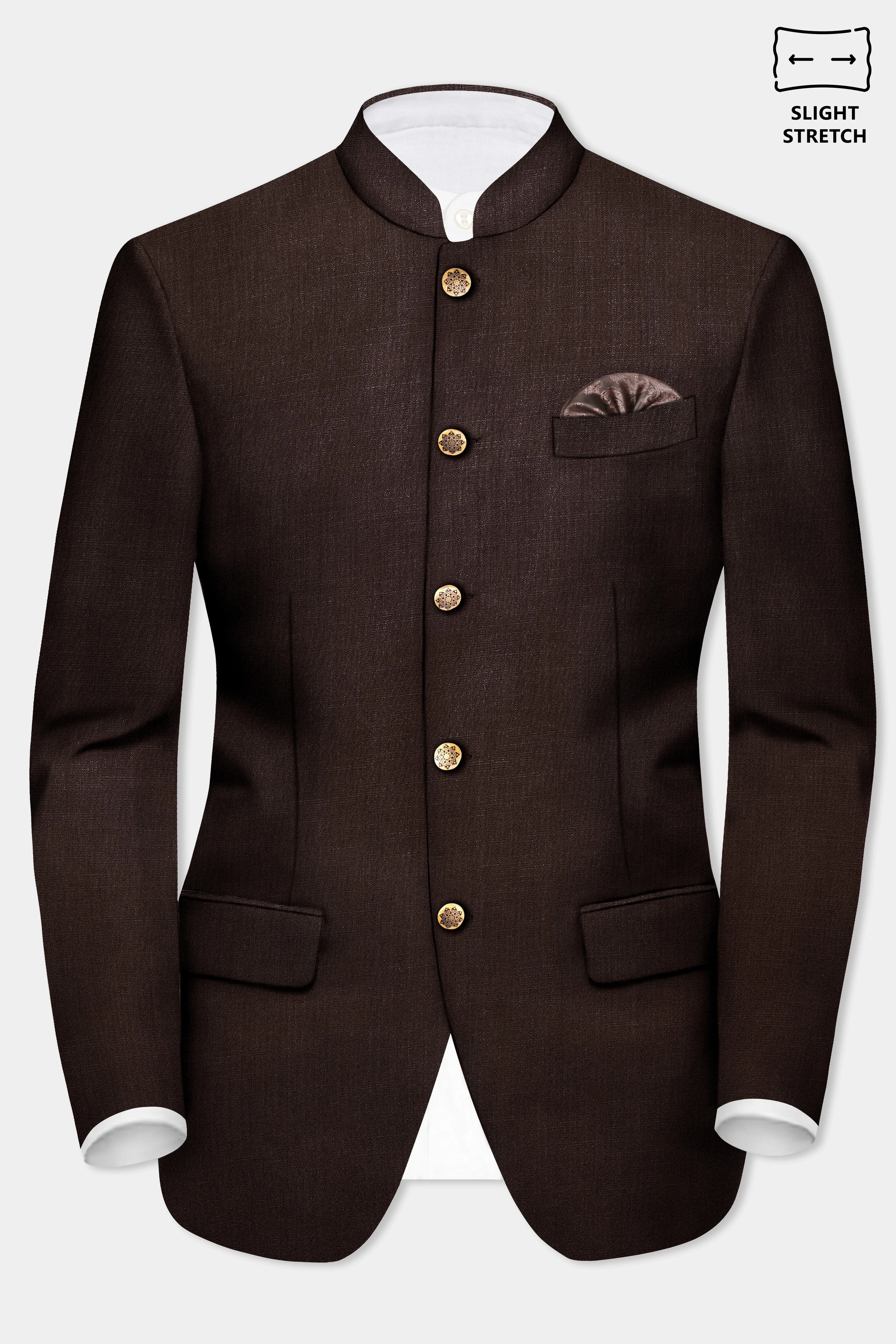 Espresso-Hickory Brown Solid Wool Rich Bandhgala Slight Stretch Blazer sold by French Crown product image thumbnail 2