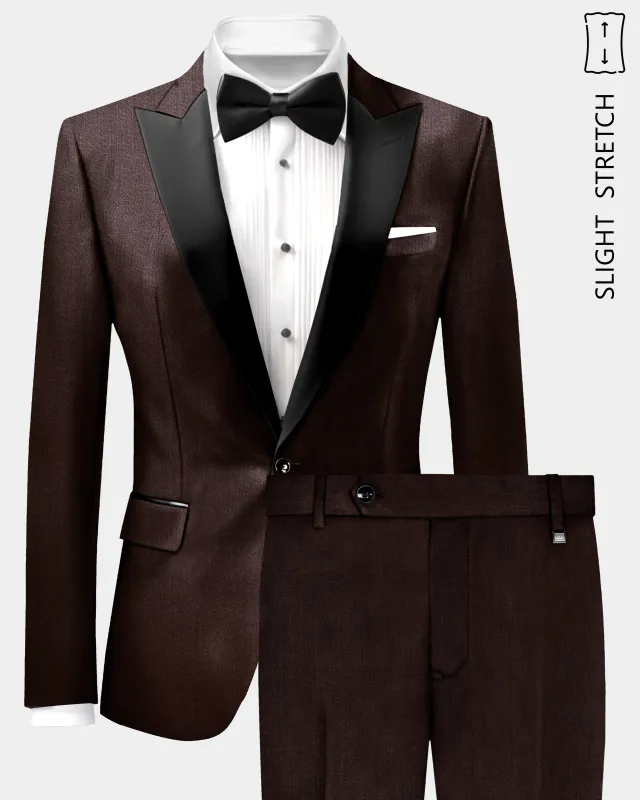 Espresso-Hickory Brown Solid Wool Rich Peak Lapel Tuxedo Slight Stretch Suit sold by French Crown