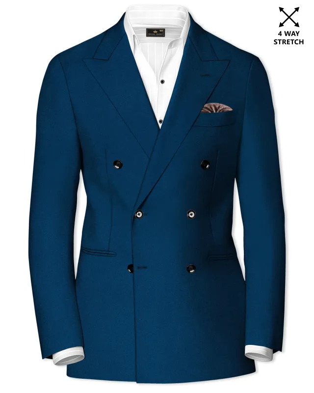Aureblu-Korean Prussian Blue 4-Way Stretch Wrinkle-Free Wool Rich Double Breasted Blazer sold by French Crown