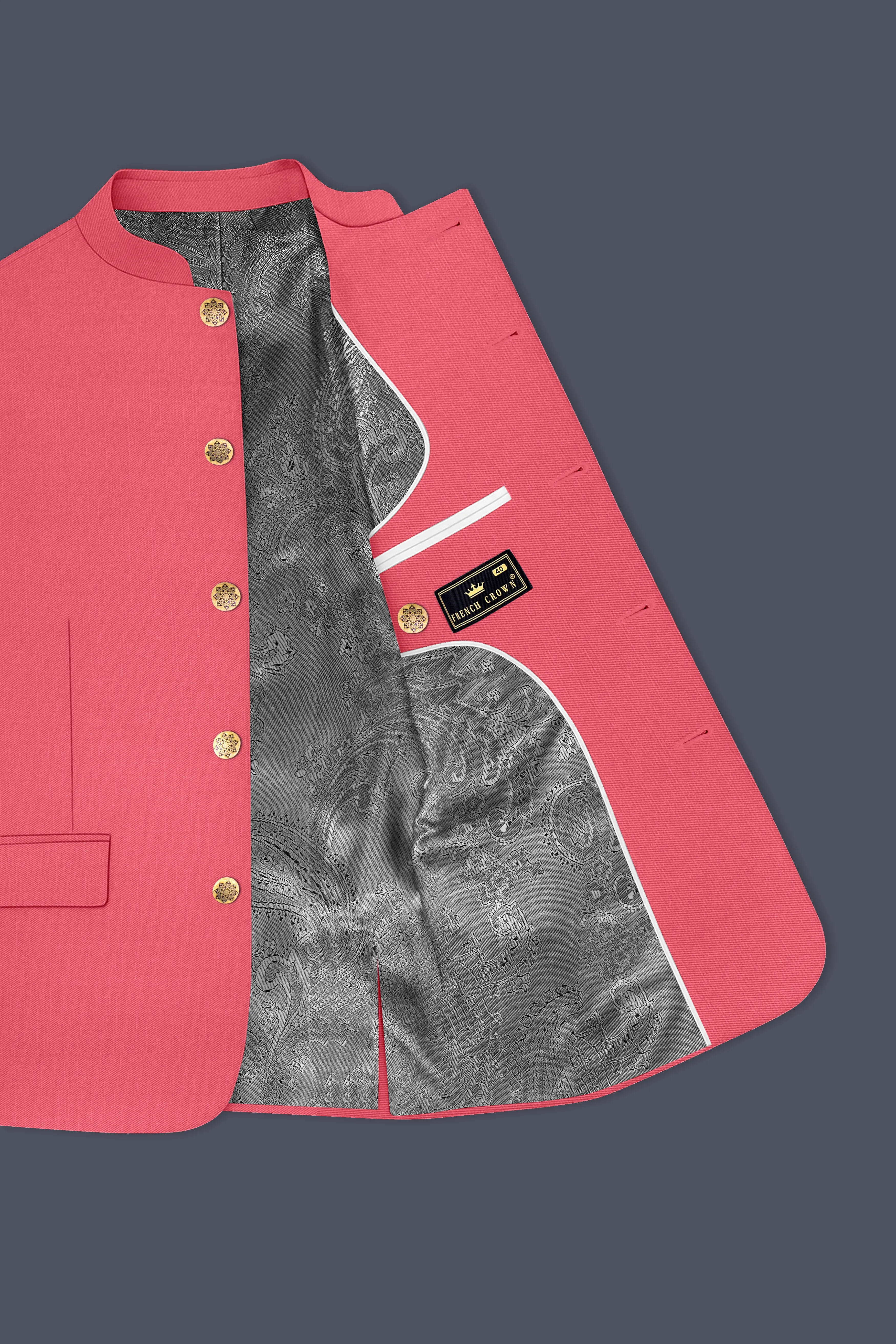 Aurerosa-Roman Pink Wool Rich Bandhgala Slight Stretch Blazer sold by French Crown product image thumbnail 4