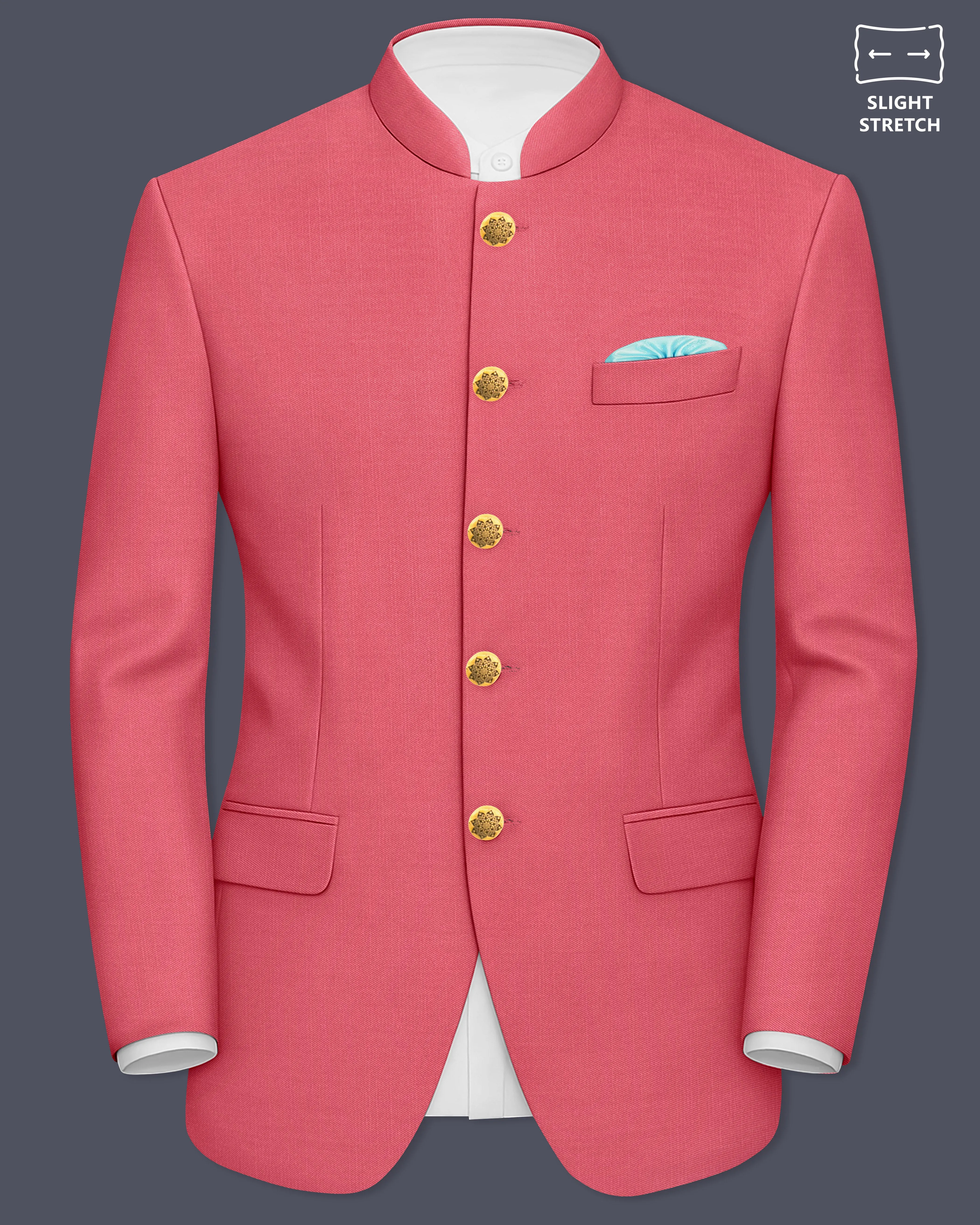 Aurerosa-Roman Pink Wool Rich Bandhgala Slight Stretch Blazer sold by French Crown