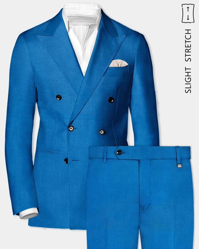 Azure-Venice Blue Solid Wool Rich Double Breasted Slight Stretch Suit sold by French Crown