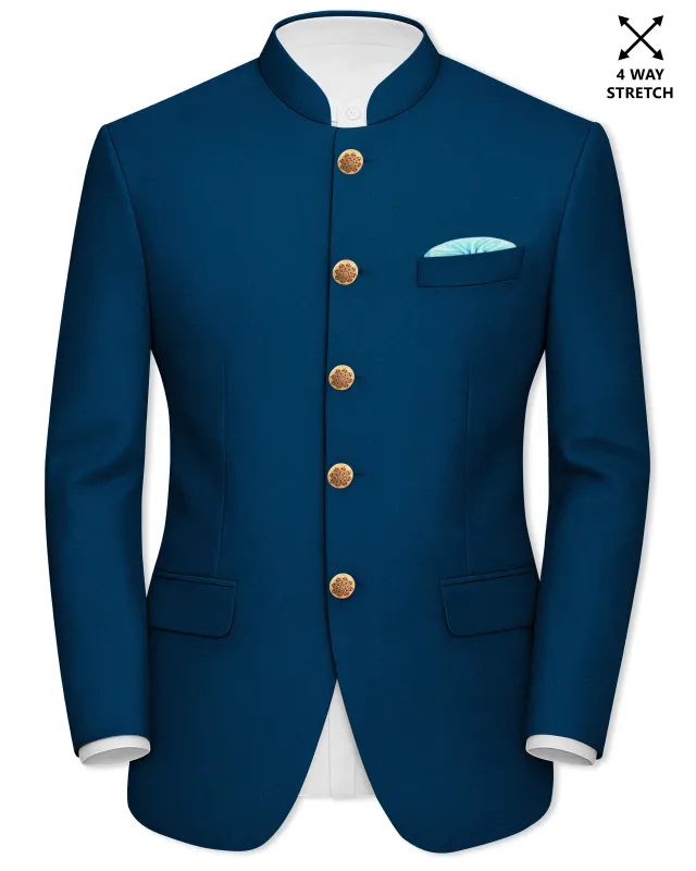 Aureblu-Korean Prussian Blue 4-Way Stretch Wrinkle-Free Wool Rich Bandhgala Blazer sold by French Crown