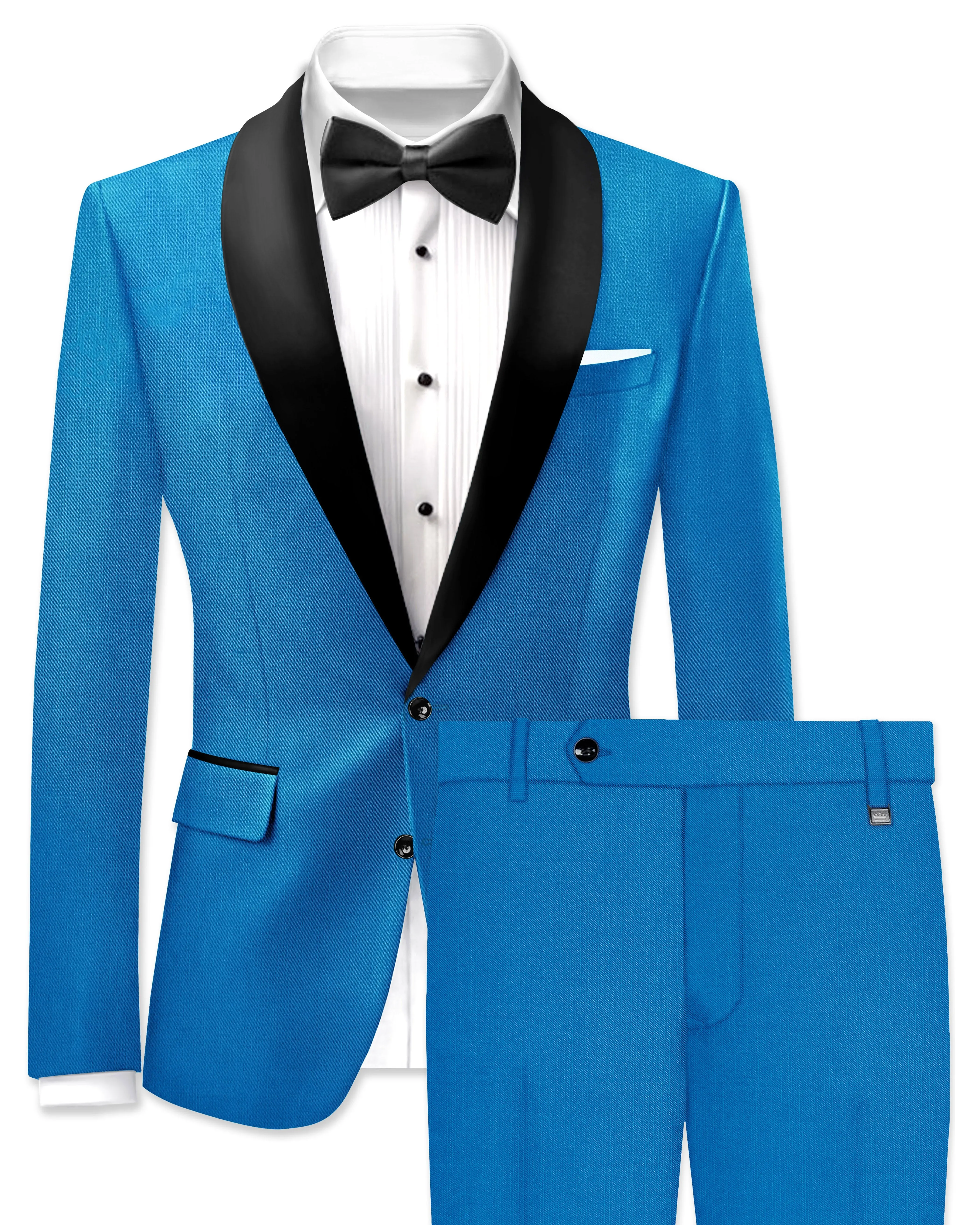 Azure-Venice Blue Wool Rich Slight Stretch Tuxedo Suit sold by French Crown