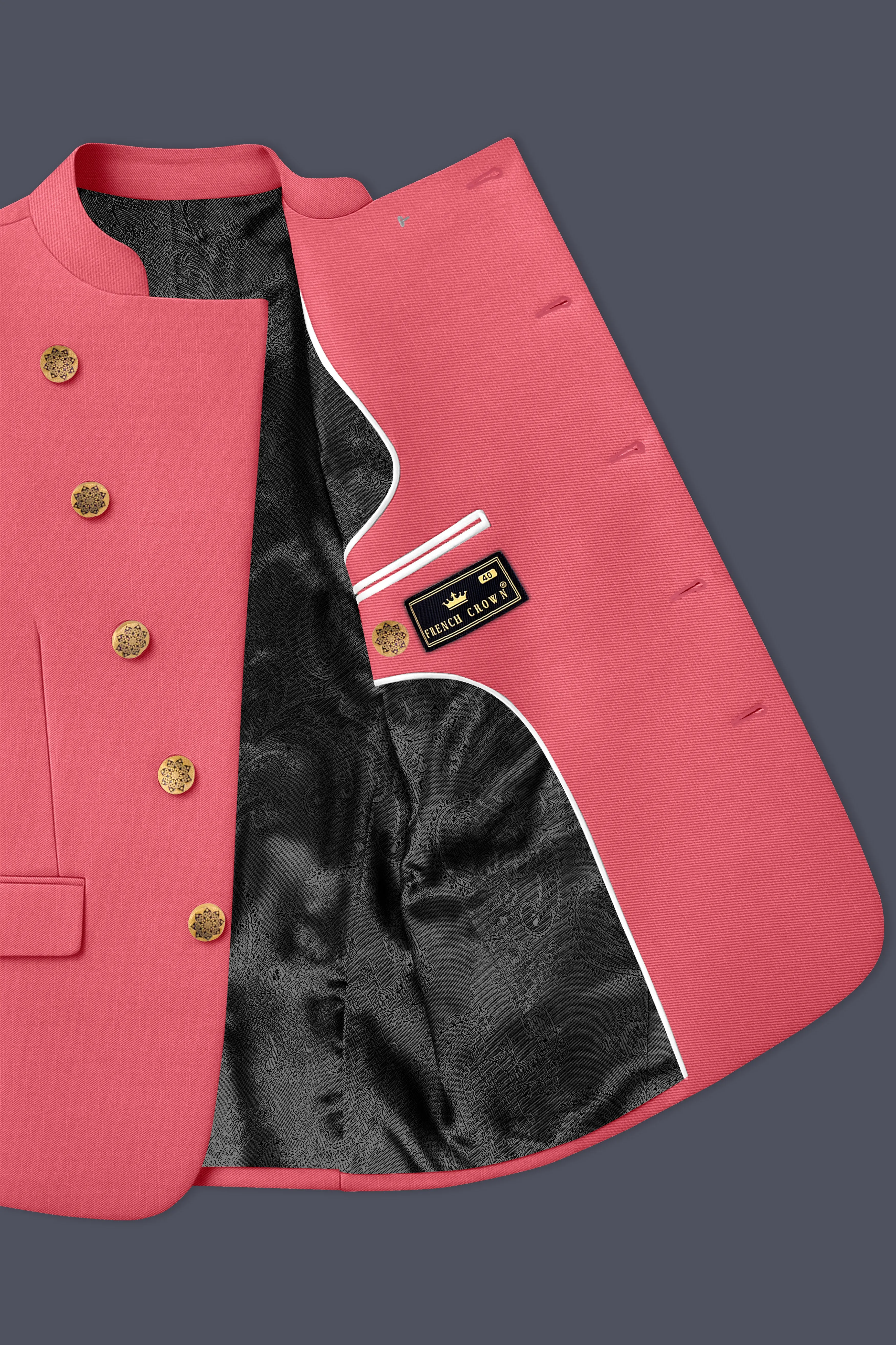 Aurerosa-Roman Pink Wool Rich Cross Placket Bandhgala Slight Stretch Blazer sold by French Crown product image thumbnail 4