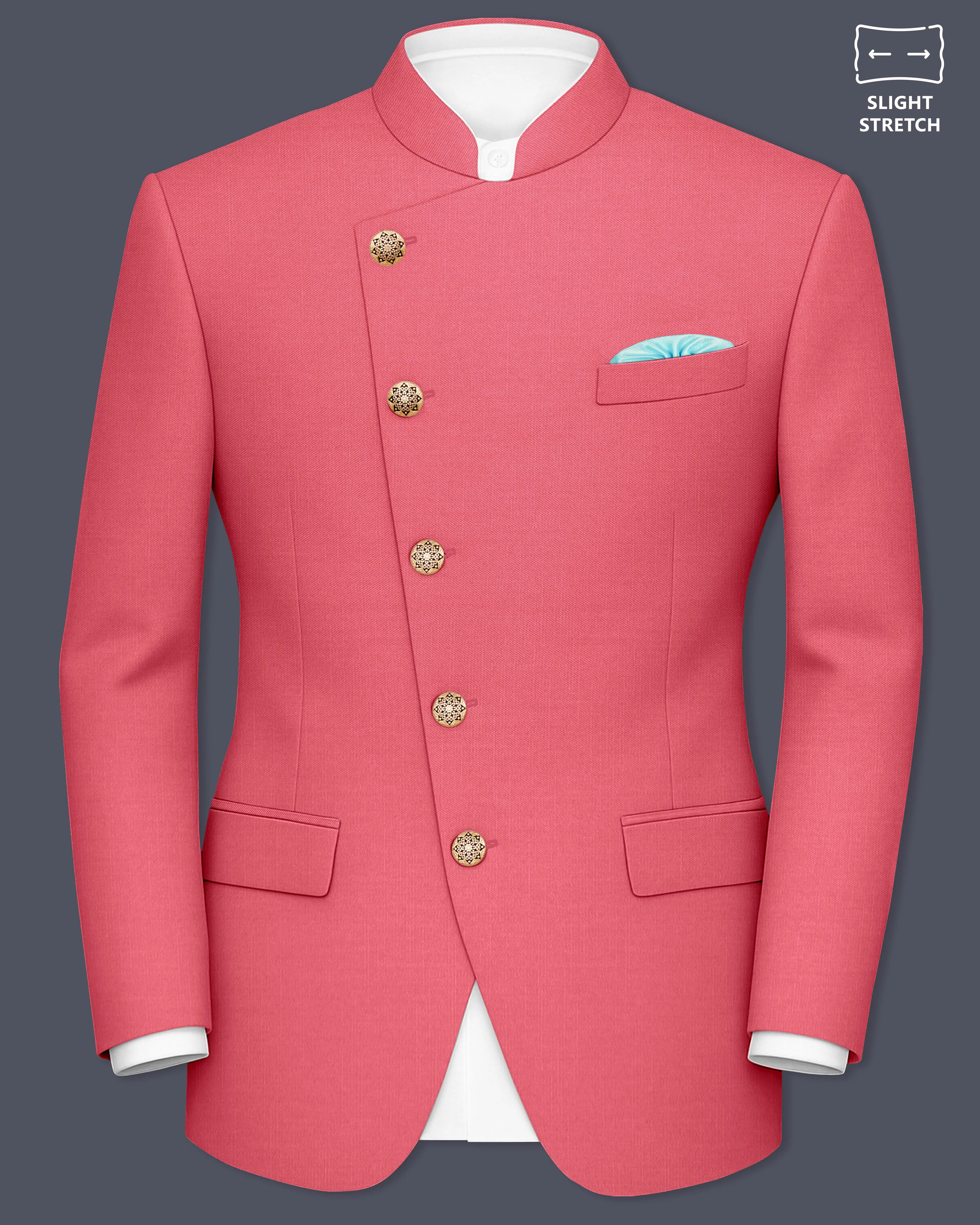 Aurerosa-Roman Pink Wool Rich Cross Placket Bandhgala Slight Stretch Blazer sold by French Crown
