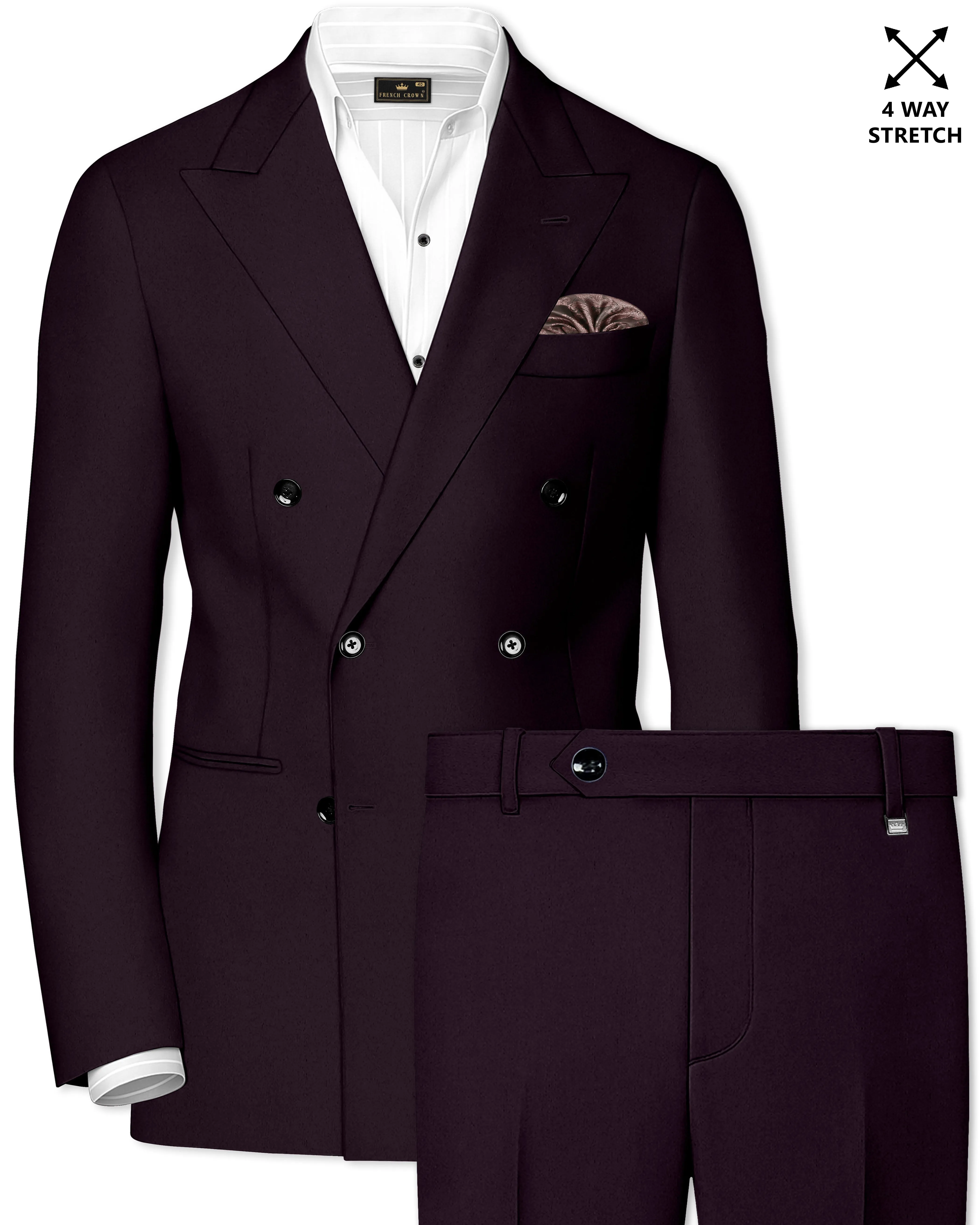Marenzo-Korean Seal Maroon 4-Way Stretch Wrinkle-Free Wool Rich Double Breasted Suit sold by French Crown