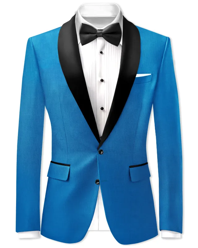 Azure-Venice Blue Wool Rich Tuxedo Slight Stretch Blazer sold by French Crown
