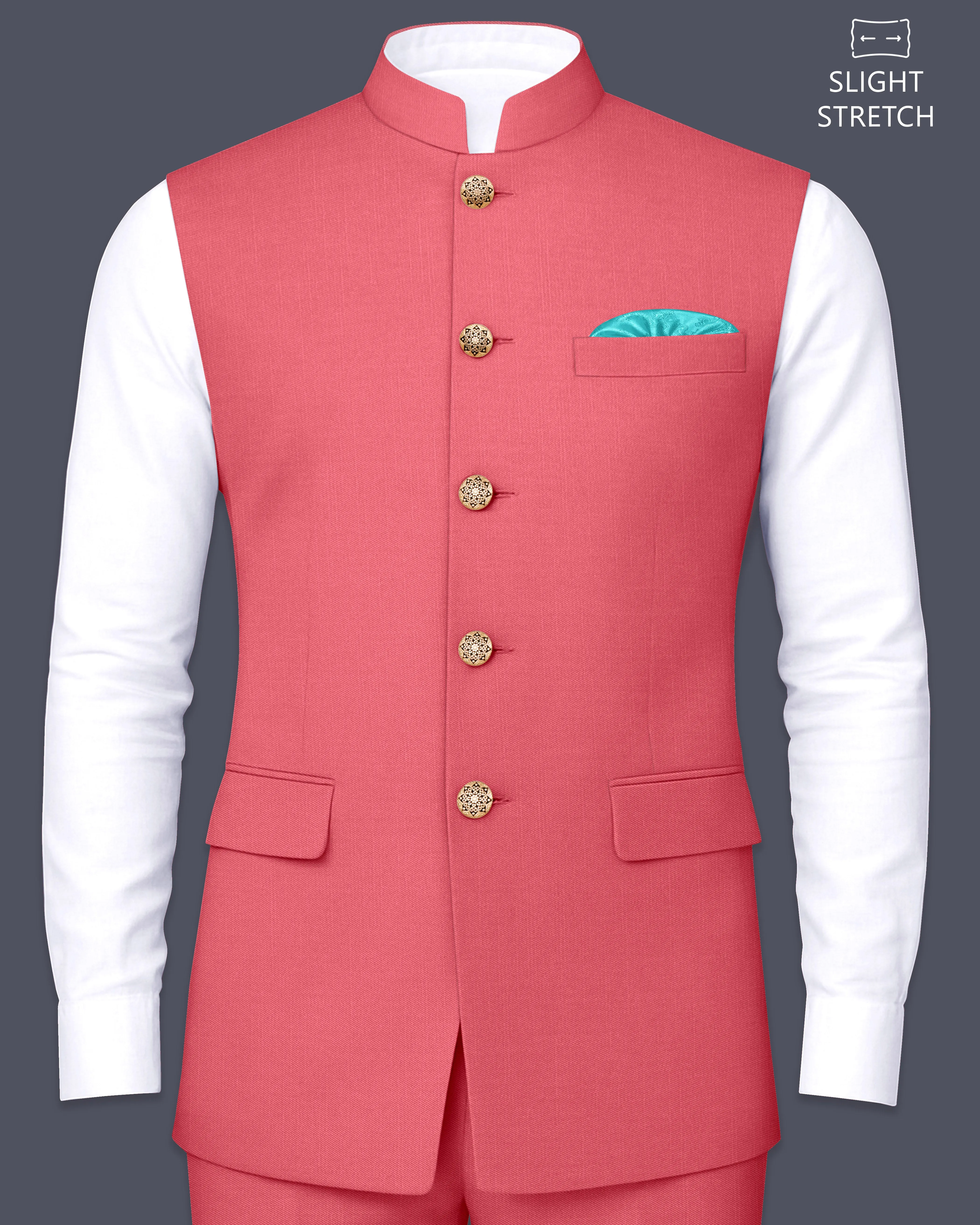 Aurerosa-Roman Pink Wool Rich Slight Stretch Nehru Jacket sold by French Crown