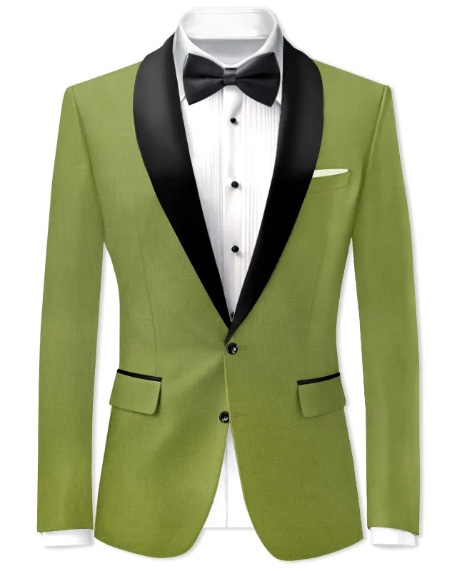 Pistachio-Wasabi Green Wool Rich Tuxedo Slight Stretch Blazer made by French Crown