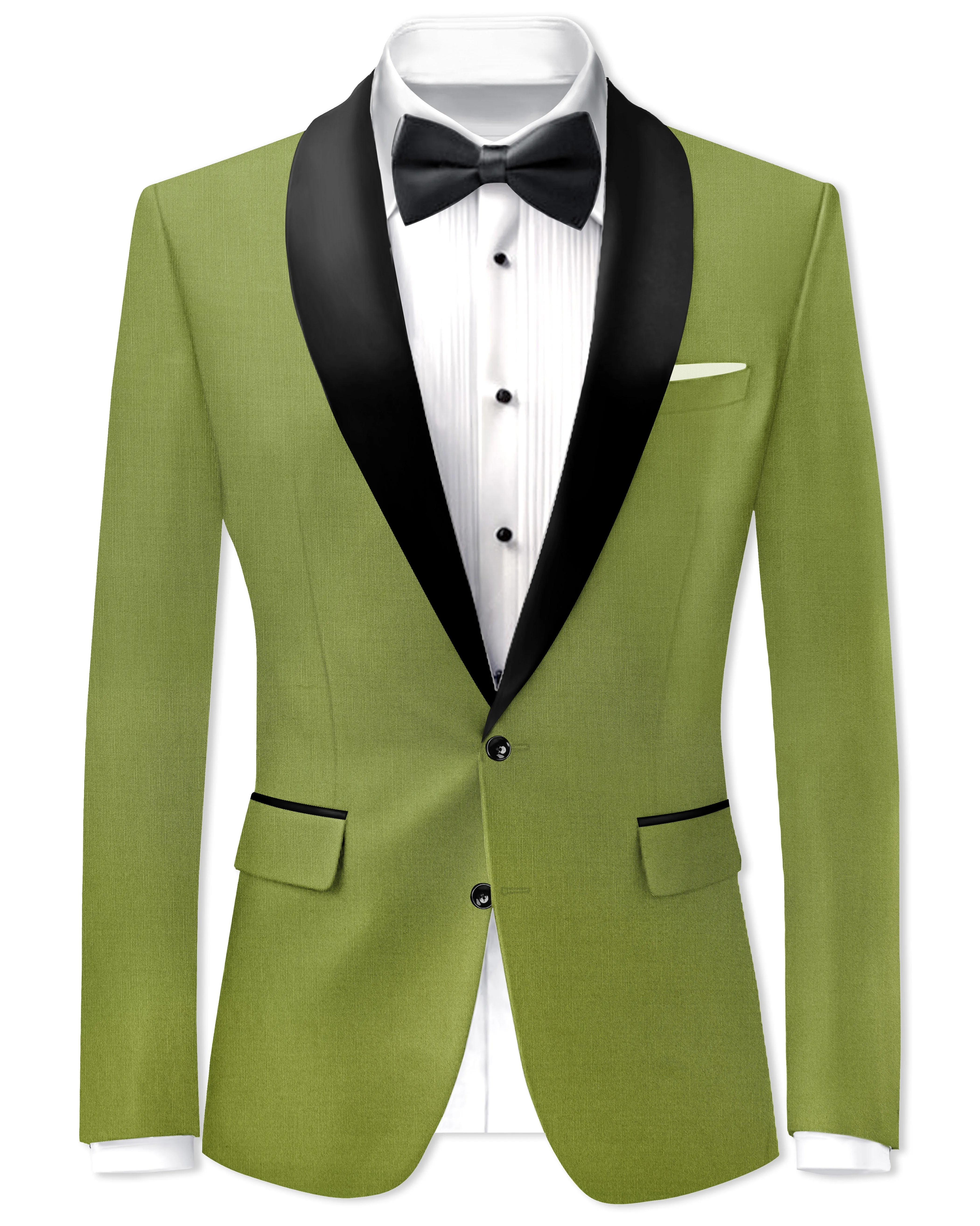 Pistachio-Wasabi Green Wool Rich Tuxedo Slight Stretch Blazer sold by French Crown