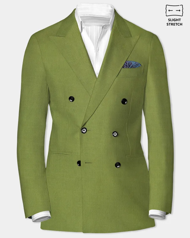 Pistachio-Wasabi Green Solid Wool Rich Double Breasted Slight Stretch Blazer sold by French Crown