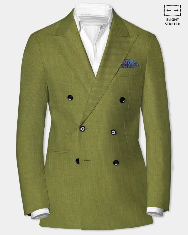 Glade-Muddy Green Solid Wool Rich Double Breasted Slight Stretch Blazer sold by French Crown
