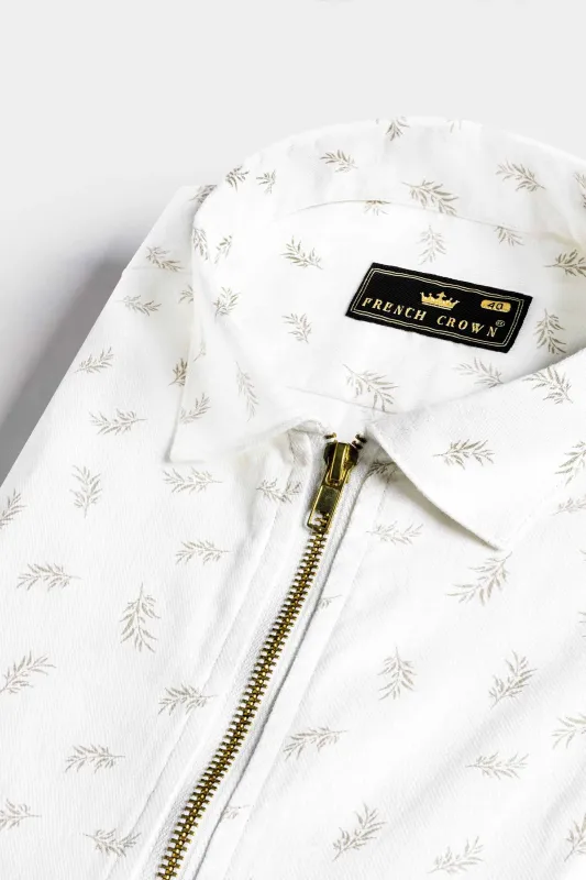 Bright White Leaves Printed Royal Oxford Designer Shirt with Zipper Closure sold by French Crown