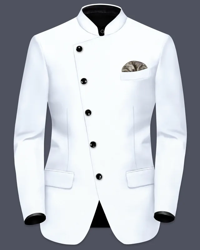 Bright White Solid Wool Rich Cross Placket Bandhgala Stretchable traveler Blazer sold by French Crown